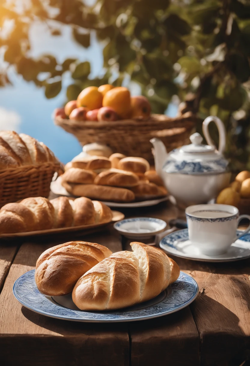 There is bread on the wooden table，Eau，lewd juice，Breakfast food，the fruits，Blue sky and white clouds，Idyllic