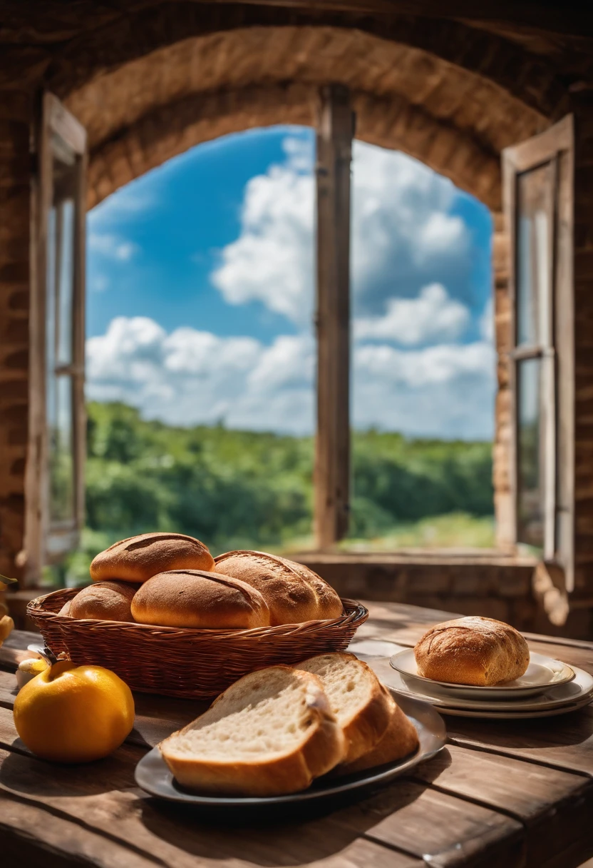 There is bread on the wooden table，Eau，lewd juice，Breakfast food，the fruits，Blue sky and white clouds，Idyllic
