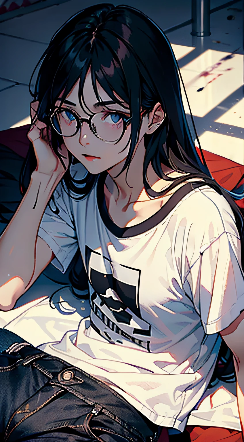 Long haired beauty wearing black glasses in white t-shirt blue jeans,Lie down,There is blood in the wrist