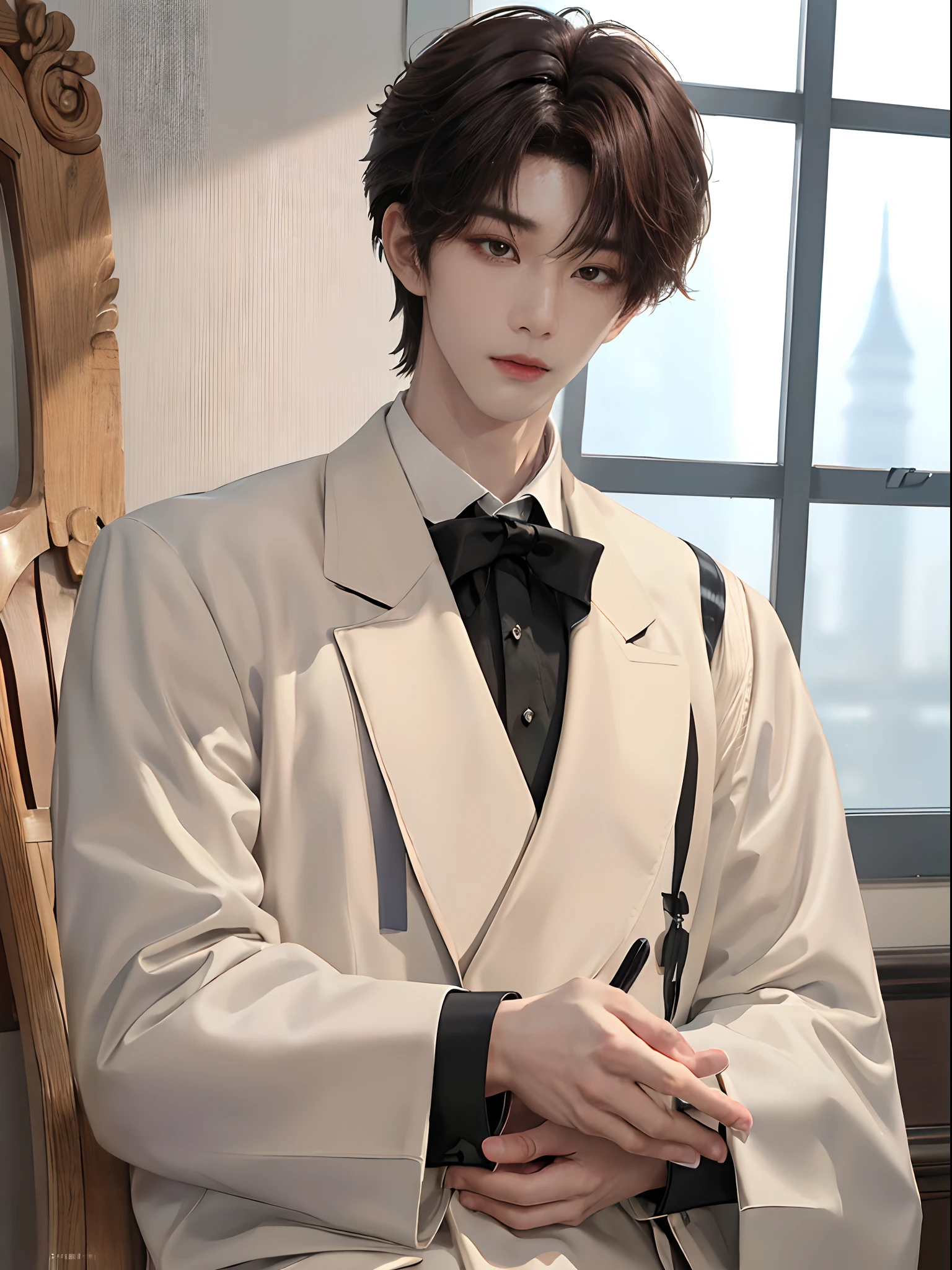 ((4K works))、​masterpiece、（top-quality)、((high-level image quality))、((One Manly Boy))、Slim body、((Man in black tuxedo))、(Detailed beautiful eyes)、window、deacon、Face similar to Chaewon in Ruseraphim、((short hair above the ears))、((Smaller face))、((Neutral face))、((Light brown eyes))、((Korean boy))、((18year old))、((Handsome man))、((A charming expression))、((Korean Makeup))、((elongated and sharp eyes))、((Focus zoom out))、((Butler Photos))、Professional Photos、((Magazine covers))、((Shot alone))、((Upper body photography))