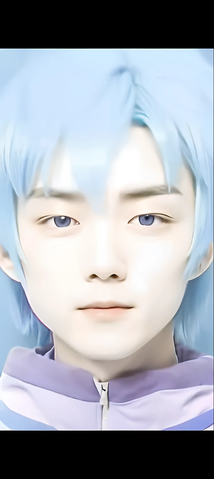 . A handsome Japanese boy. Have a light blue hair and white skin. Wearing light purple clothes with white stripe.