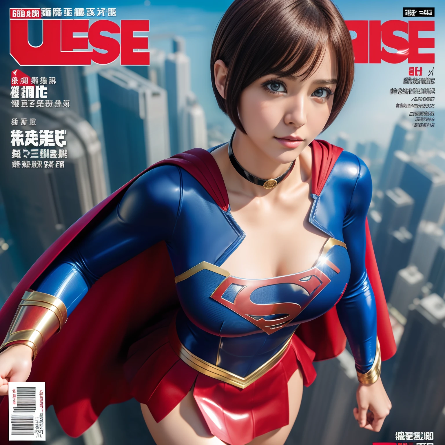 (Best Quality,4K,8K,hight resolution,masutepiece:1.2),Ultra-detailed,Realistic:1.37,Super masterpiece,Short-haired Supergirl、large full breasts、Looking at the camera、Glossy costume、a choker、Too short miniskirt、Weekly magazine cover、Fancy poses