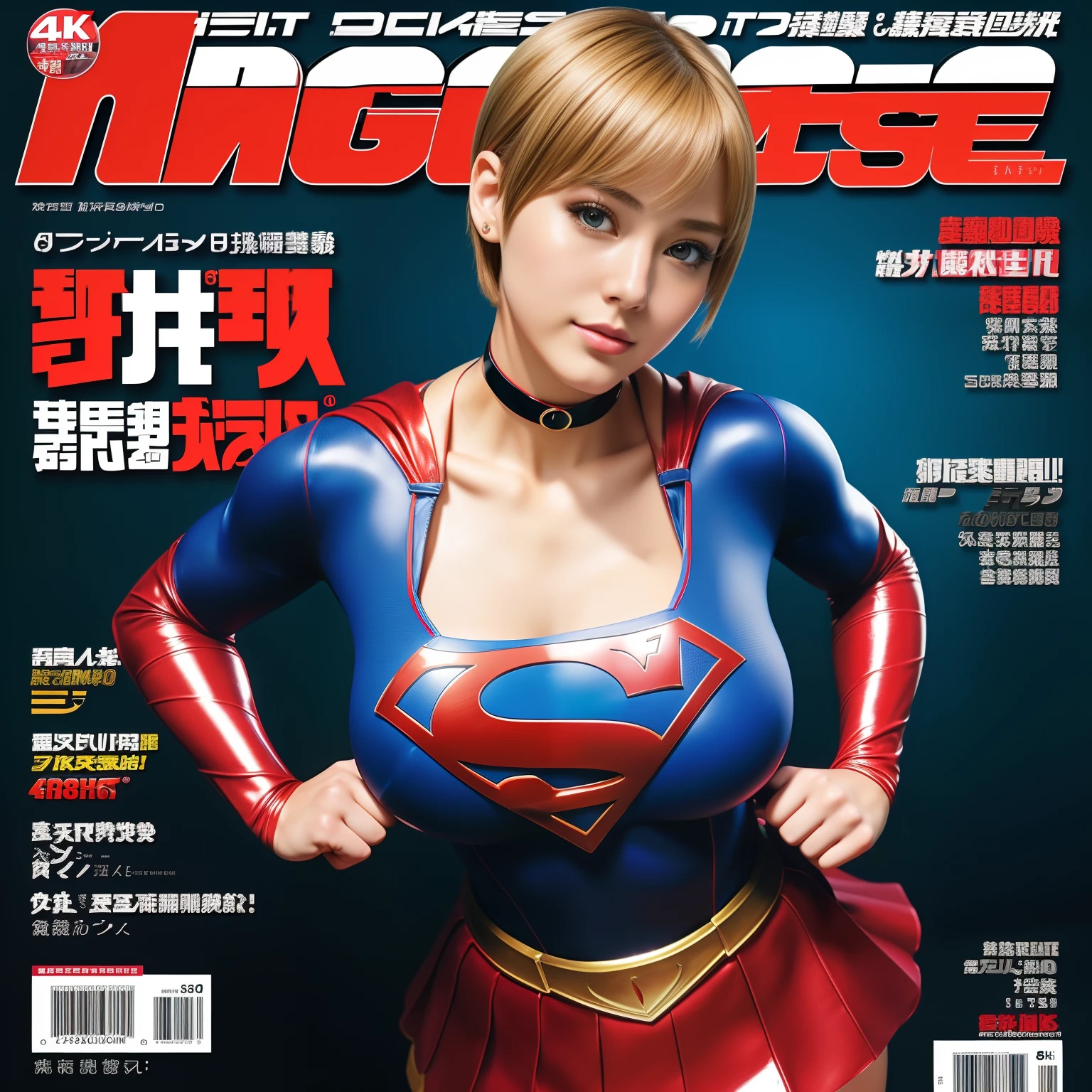 (Best Quality,4K,8K,hight resolution,masutepiece:1.2),Ultra-detailed,Realistic:1.37,Super masterpiece,Short-haired Supergirl、large full breasts、Looking at the camera、Glossy costume、a choker、Too short miniskirt、Weekly magazine cover、Fancy poses