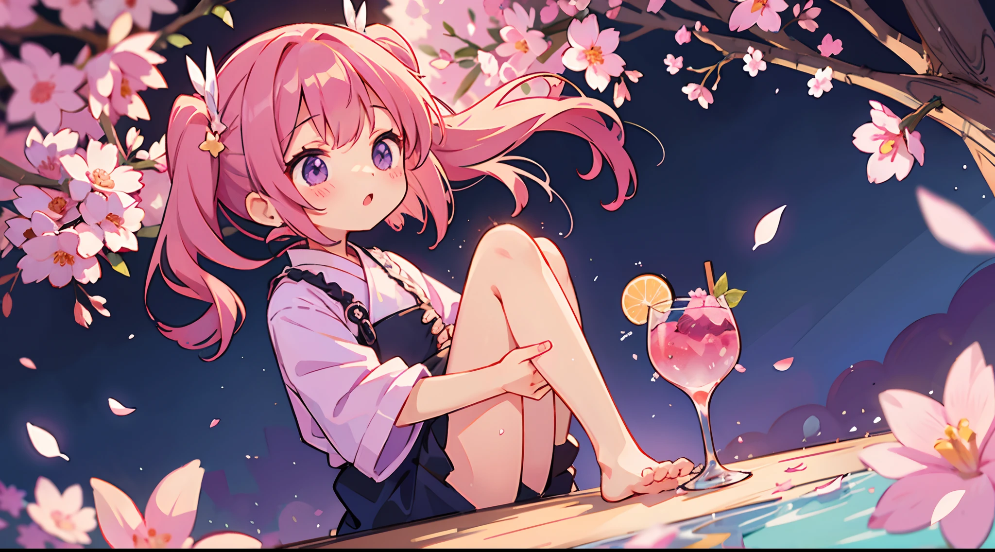 Cute girl、Purple and pink petals pour a flourishing cocktail that flows down around her、Creating a dazzling display。