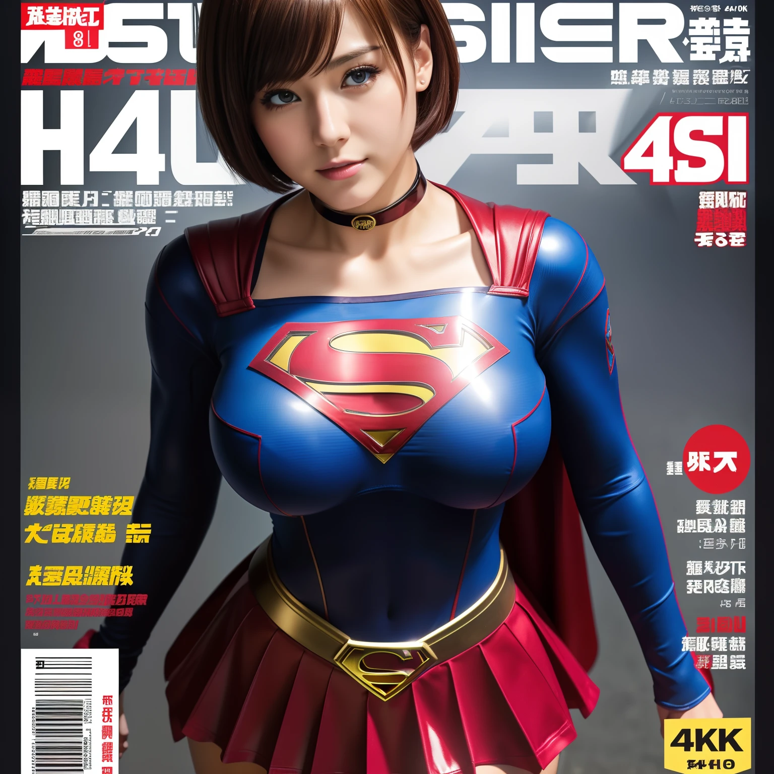 masterpiece、supergirl costume、short hair、enamel boots、big and full breasts、Crisis situation、standing posture、model body shape、shiny、long sleeve、looking at camera、choker、red mini skirt、Weekly magazine cover、gravure magazine、sweaty、whole body、from right in front、slum、