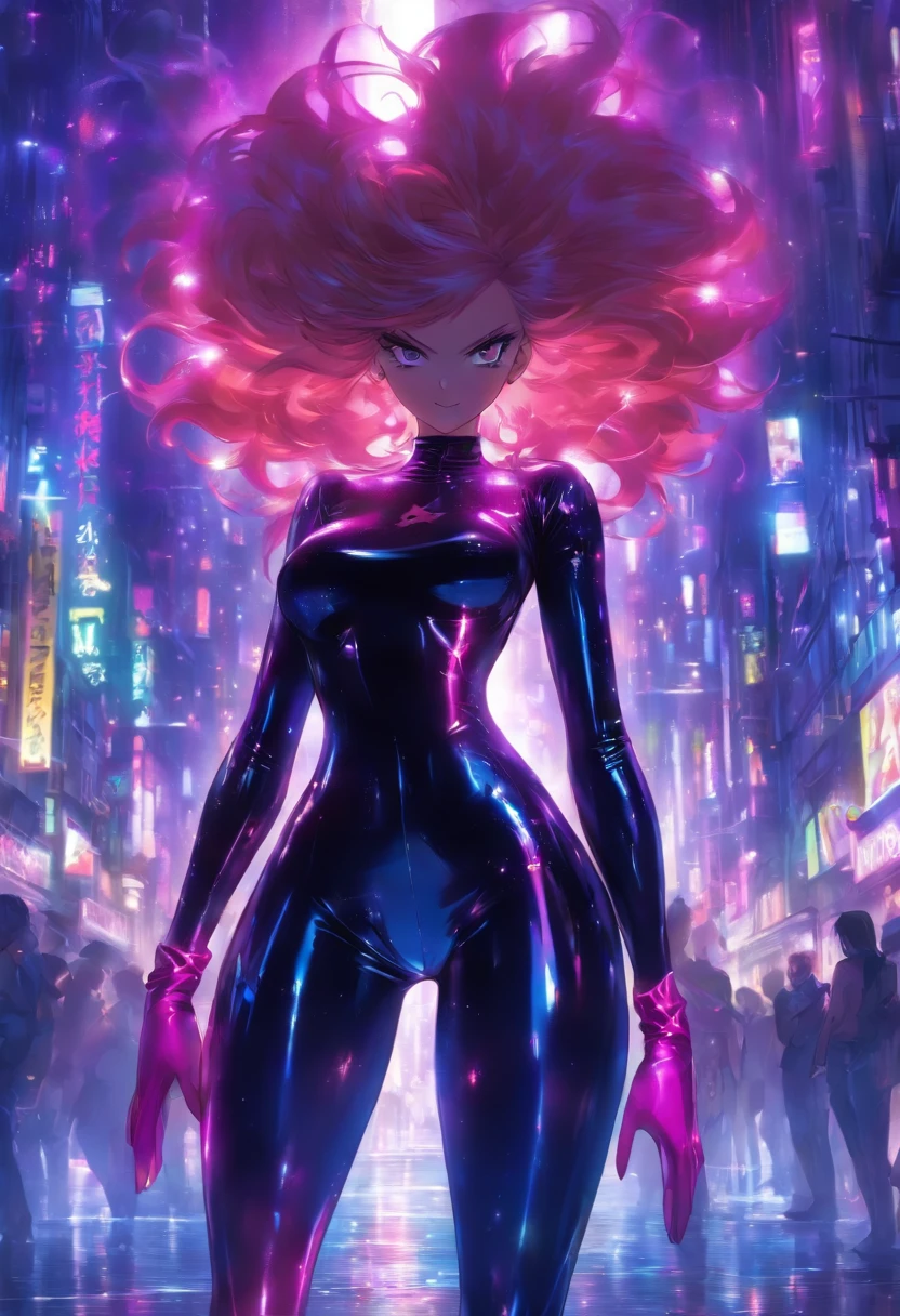 full bodysuit,latex, (shiny clothes:1.2),big sister、(huge tit)、Only one person、Road in the middle of the night、Erotic、Condescending Pose、show the grinps