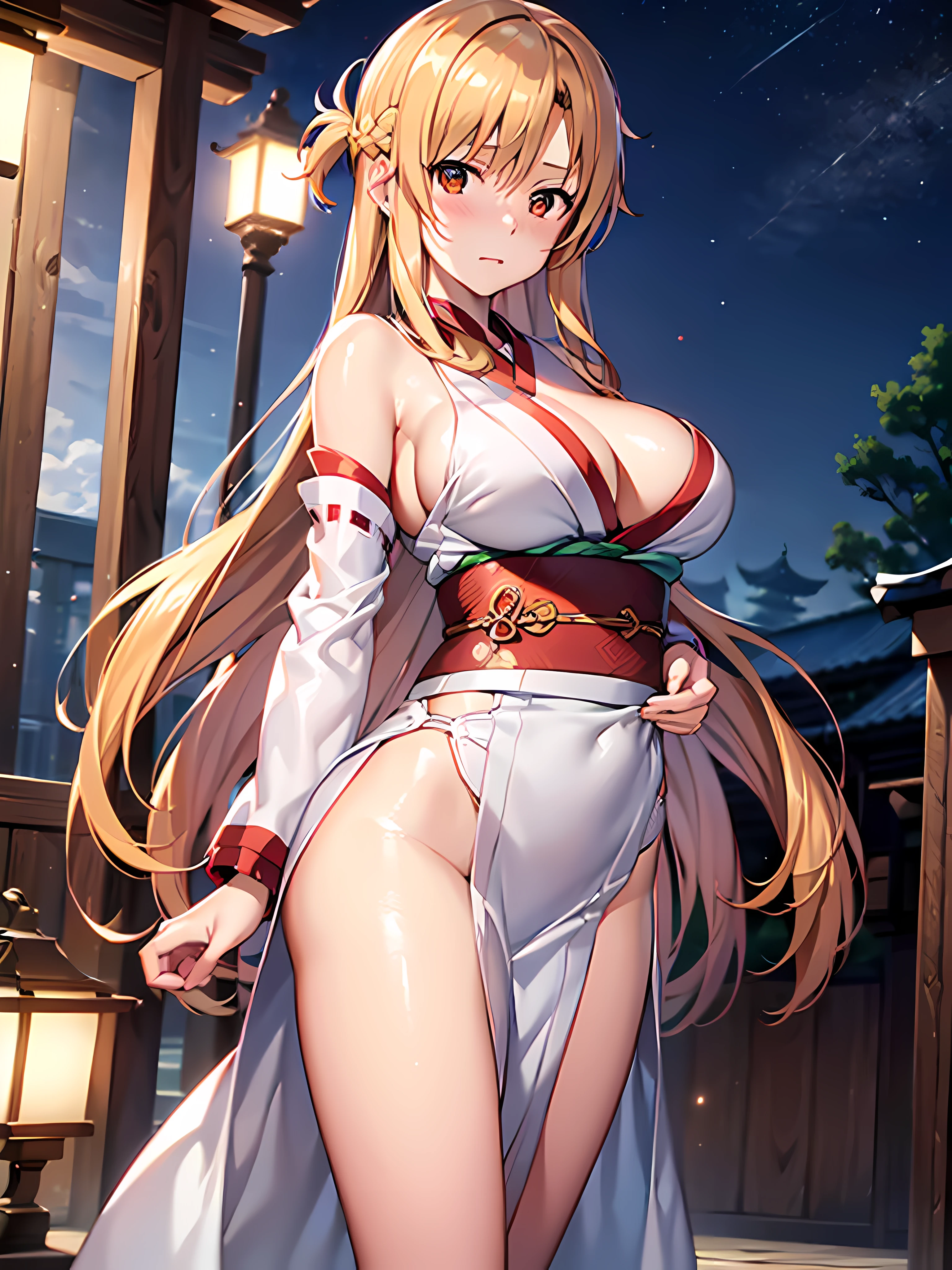 (Best quality, 8k, ultra high res, absurdes:1.2), (Yuuki Asuna from Sword Art Online), (long beautiful hair, honey eyes, Adult, mature, shy, blush), (Temple, wearing kimono, beautiful weather, beautiful lights)