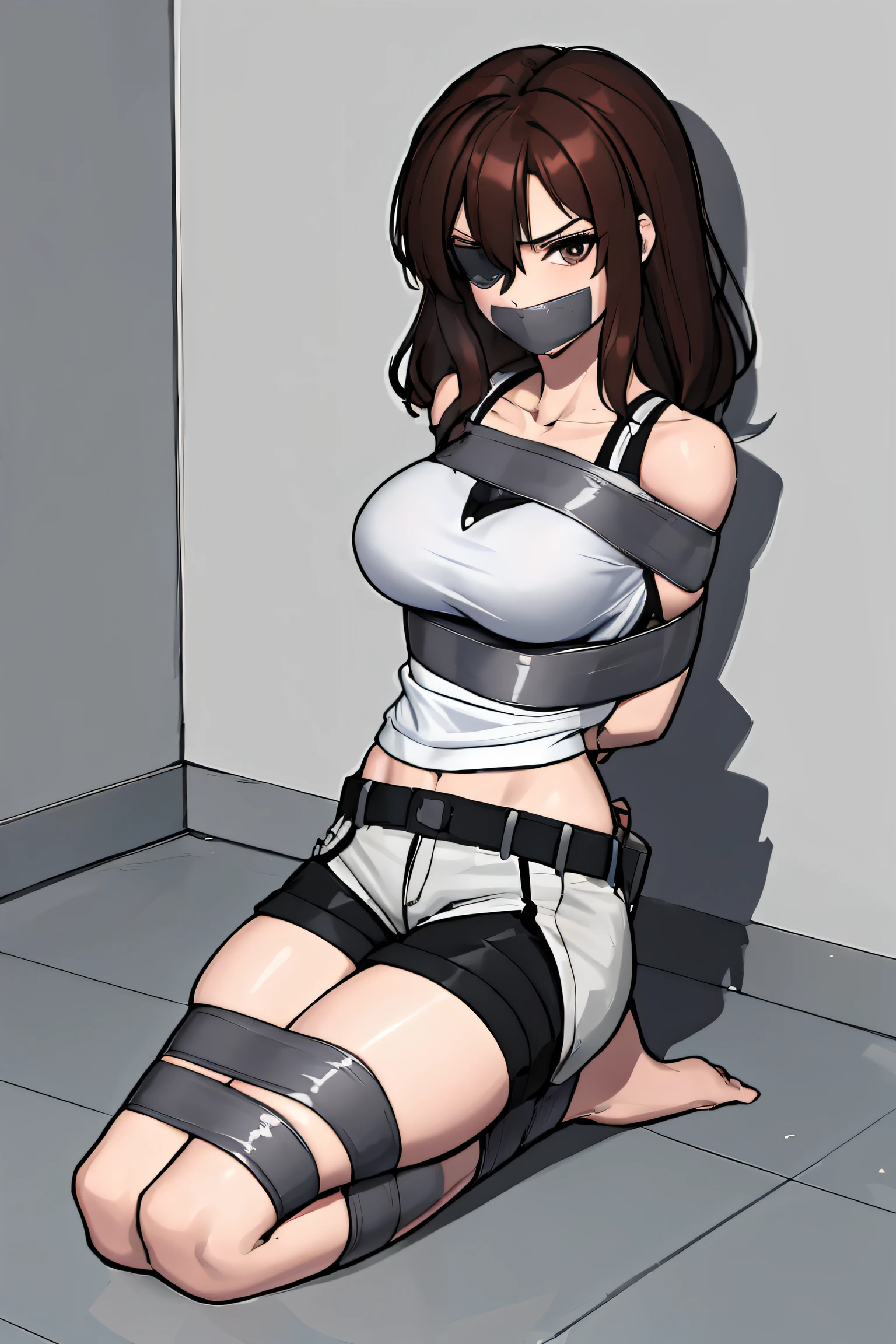 (absurdres, 8k, 4k, masterpiece, hyper extreme detailed:1.2), solo, 1girl, front view, portrait, best quality, expressive eyes, perfect face, 1girl, portrait, solo, standing, Female, toned body, mature female, medium breasts, pale, hair covering one eye, dark brown hair, long hair, eyepatch, sarcastic, snarky, soldier, adult, hazel eyes, shorts, delinquent, sarcastic, white jacket tied around waist, graphic t-shirt, smirk, crazy eyes, messy hair, swept bangs, midriff, hand on head, hand on shoulder, exposed collarbone, exposed left shoulder, bound, bondage, (arms behind back:1.4), bdsm, tape gag, tape, tape bondage, close-up, restrained, best anatomy, curled up, full body, taped thighs, taped legs, legs together, tape wrapped, wrap gag, shorts, t-shirt, hogtie bondage, messy hair, laying down, hogtied,