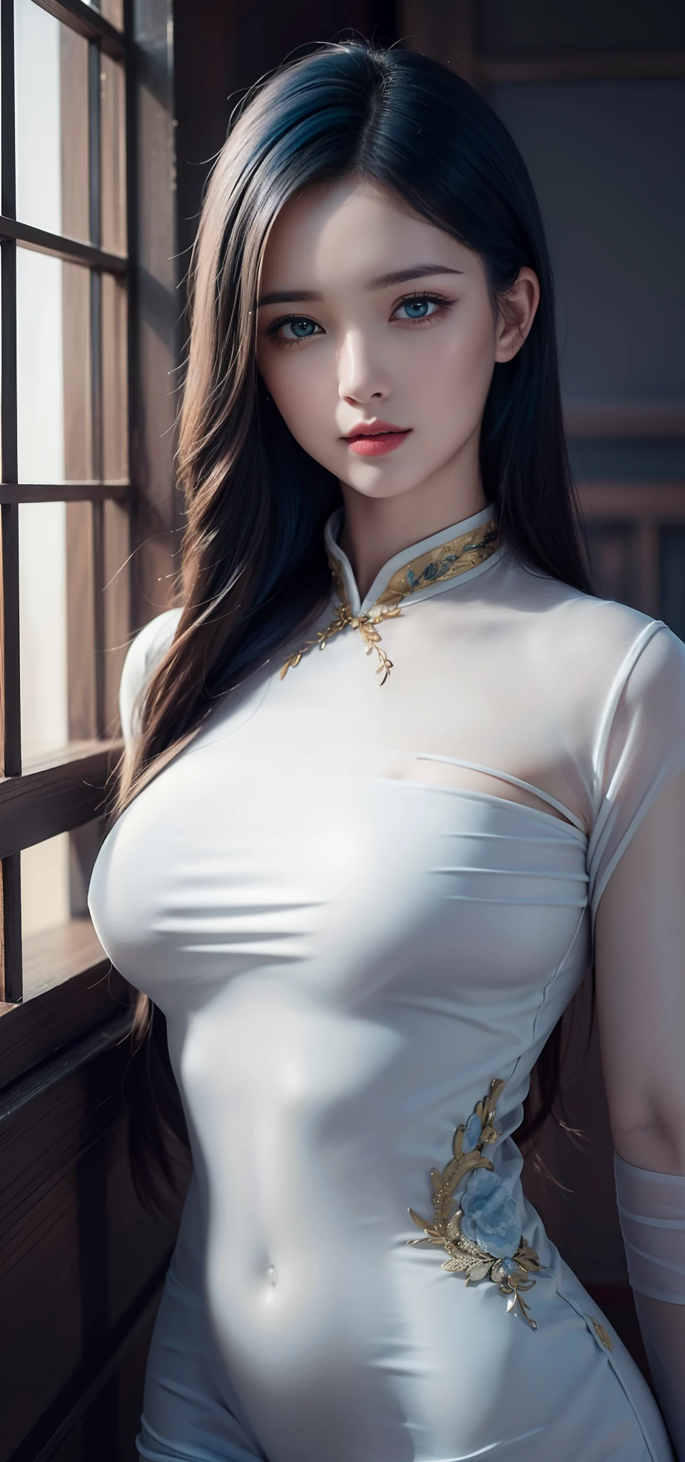 (Hyperrealistic), (illustration), (high resolution), (8K), (Extremely detailed), (Best Illustration), (Beautiful detailed eyes), (Best quality), (Ultra-detailed), (Masterpiece), (the wallpaper), (Photorealistic), (Natural light), (rim lit), (Detailed face), (Highly detailed realistic skin textures), (Anatomically correct), (Solo), (1 girl), (high detailed realistic hair), (Blue hair:1.2), spiked hair, (Heterochromic eyes), (detailed green eyes), (Small moles under the eyes), (Realistic big breasts:1.5), (Exposed breasts:1.3), (Long legs), (Slender abs), (Dynamic pose), (Closed mouth:1.3), (Traditional cheongsam costume), (Sheer clothes:1.5), NSFW,nakeness