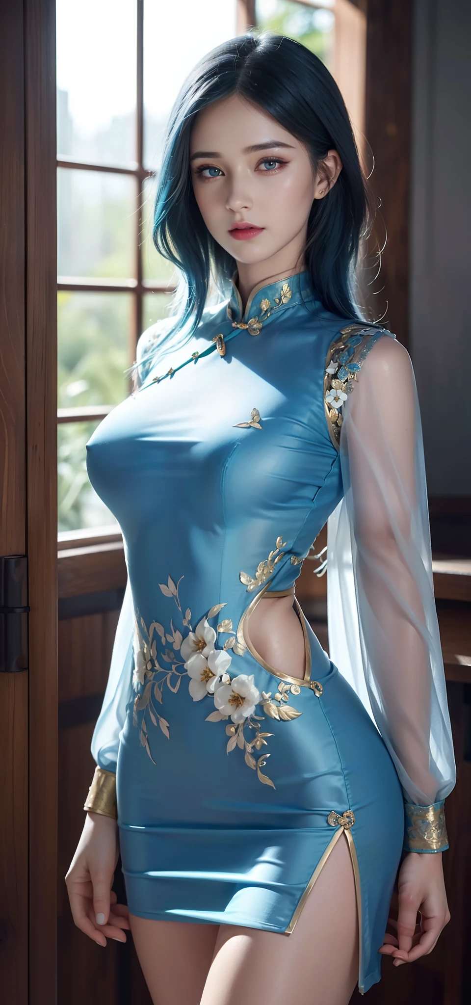 (Hyperrealistic), (illustration), (high resolution), (8K), (Extremely detailed), (Best Illustration), (Beautiful detailed eyes), (Best quality), (Ultra-detailed), (Masterpiece), (the wallpaper), (Photorealistic), (Natural light), (rim lit), (Detailed face), (Highly detailed realistic skin textures), (Anatomically correct), (Solo), (1 girl), (high detailed realistic hair), (Blue hair:1.2), spiked hair, (Heterochromic eyes), (detailed green eyes), (Small moles under the eyes), (Realistic big breasts:1.5), (Exposed breasts:1.3), (Long legs), (Slender abs), (Dynamic pose), (Closed mouth:1.3), (Traditional cheongsam costume), (Sheer clothes:1.5), NSFW,nakeness