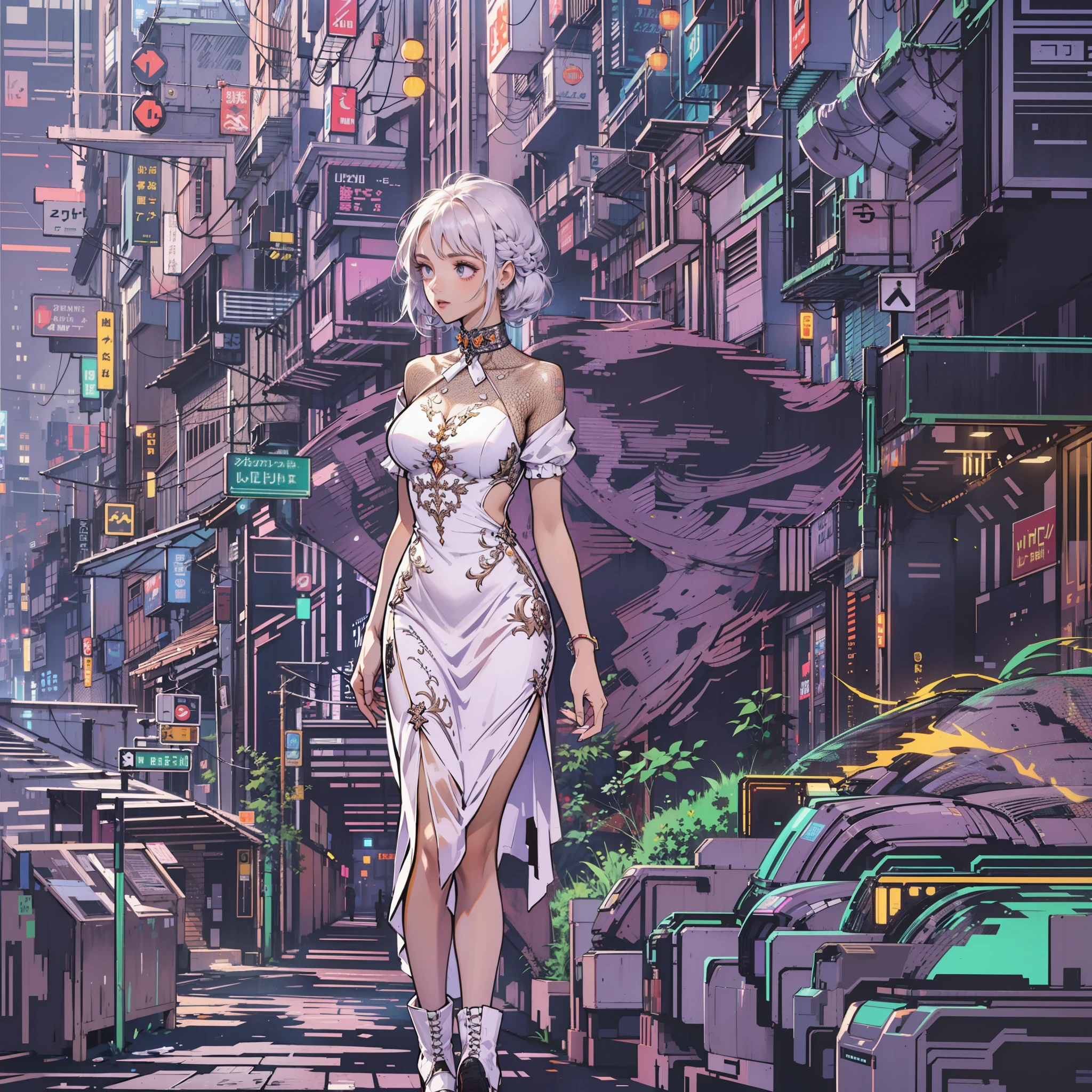 [Girl in white dress:5] exteriors，Cyberpunk streets, ascii art  (Pixel 8 bit style:1.1)，((Diagonal composition))