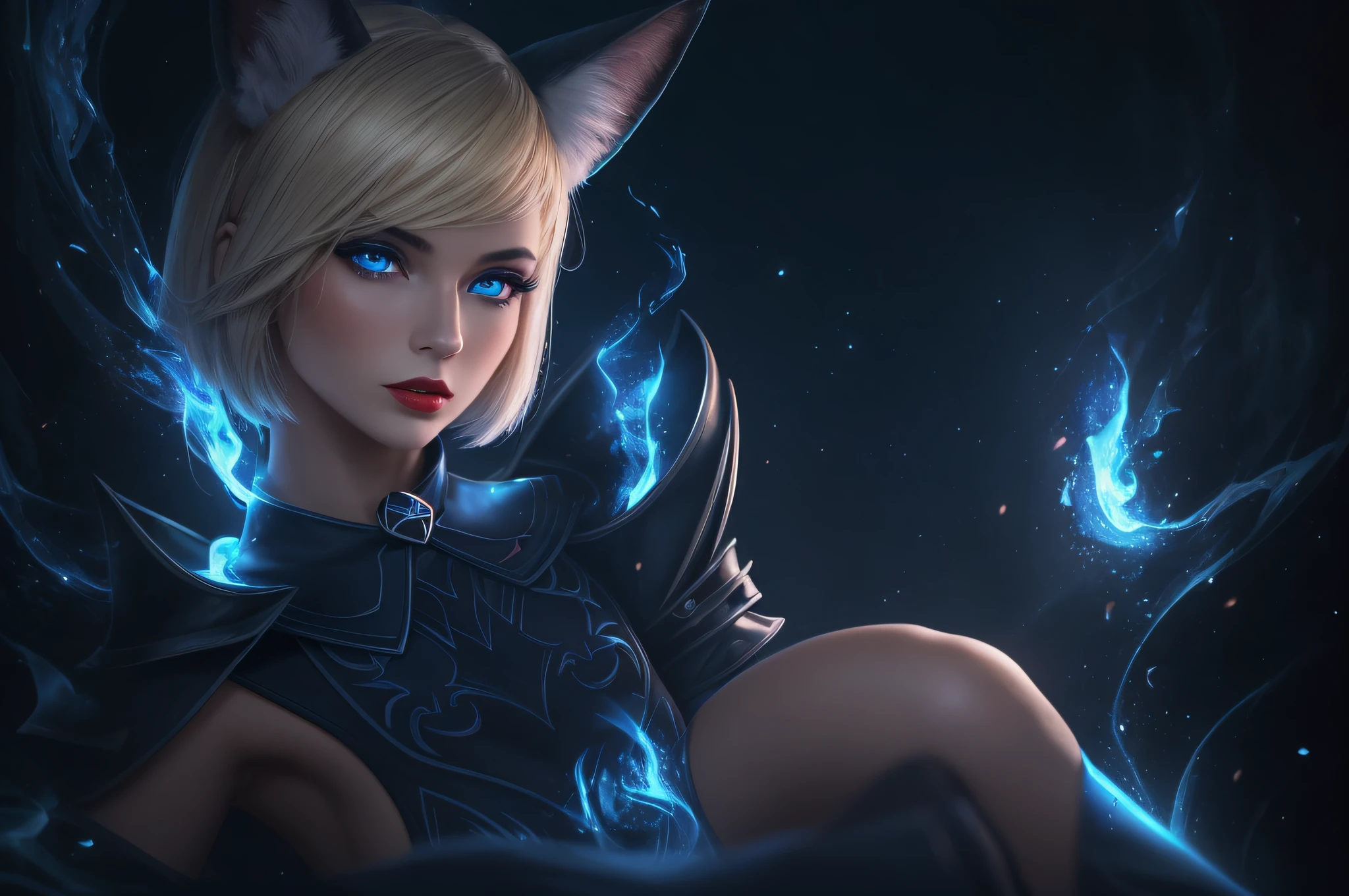 high quality, woman, tanned skin, short blonde hair, blue eye, evil look, red lipstick, with skull and magic in the hands, with fox ears on the head, fox tail, with dress and shoulder pads, with high heels, with aura full of blue fireflies, in an environment of dark nature with blue mist best quality, masterpiece, high resolution,  Dark studio, rim lighting, two tone lighting, (highly detailed skin: 1.2), 8k UHD, DSLR, soft lighting, high quality, volumetric lighting, sincere, Photography, high resolution, 4k, 8k, Bokeh --auto --s2