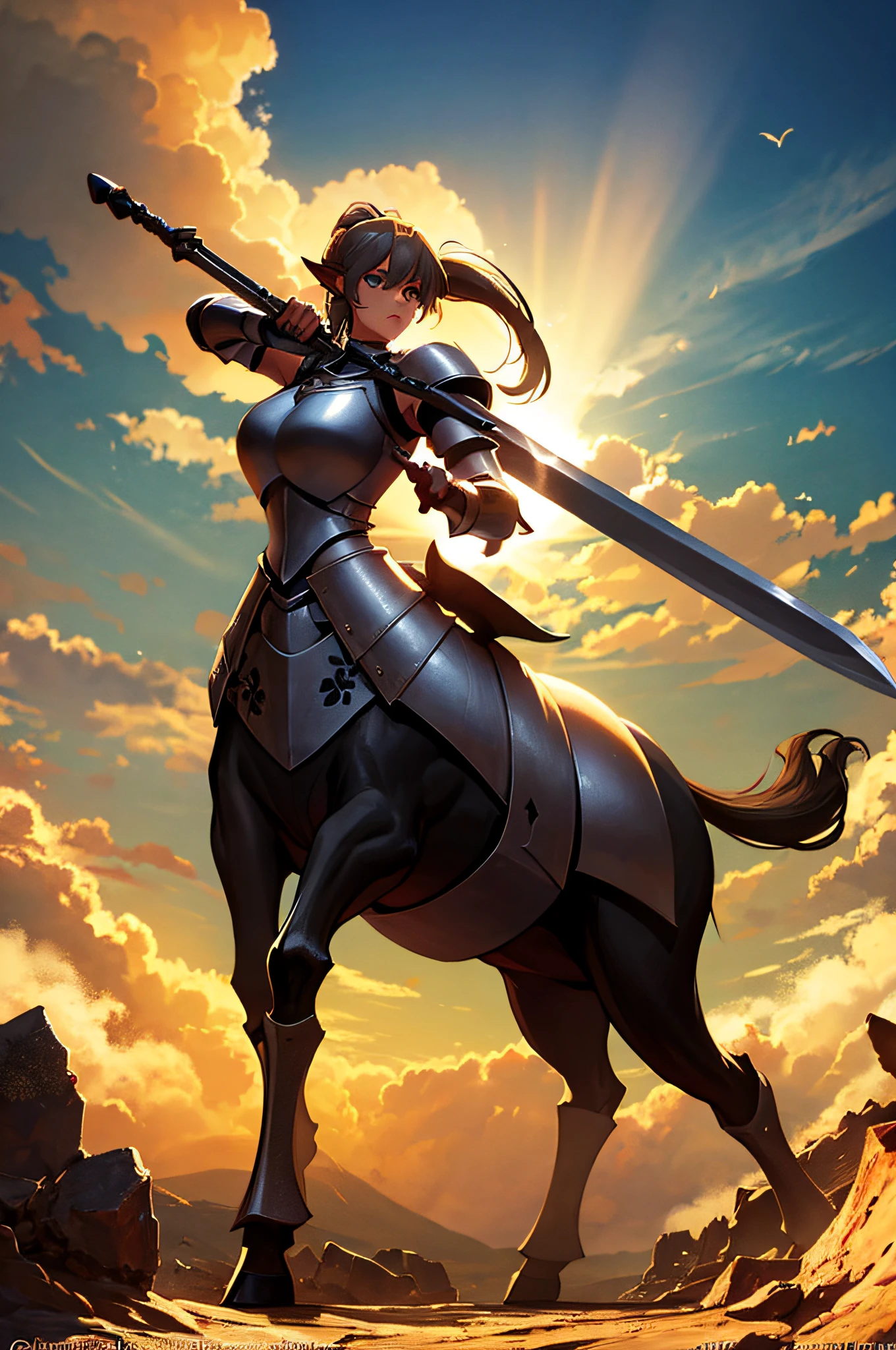 4K,hight resolution,One Woman,a centaur,greyt hair,poneyTail,Light blue eyes,Princess Knight,battleaxe,Heavy Armor,large view,Full body photo,Delicate Beautiful Attractive Face,stunningly beautiful girl