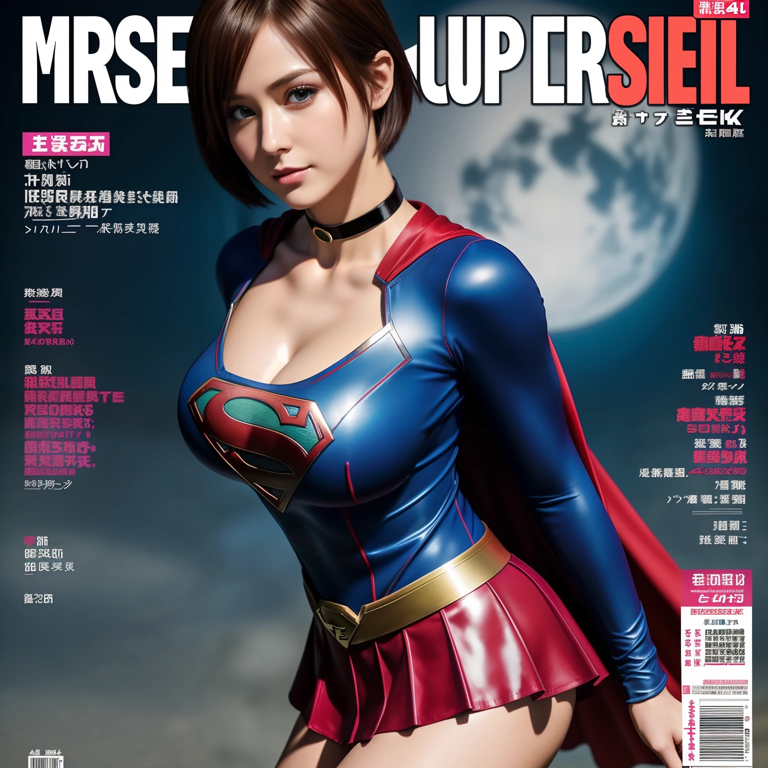 (Best Quality,4K,8K,hight resolution,masutepiece:1.2),Ultra-detailed,Realistic:1.37,Super masterpiece,Short-haired Supergirl、large full breasts、Looking at the camera、Glossy costume、a choker、Too short miniskirt、Comic book cover