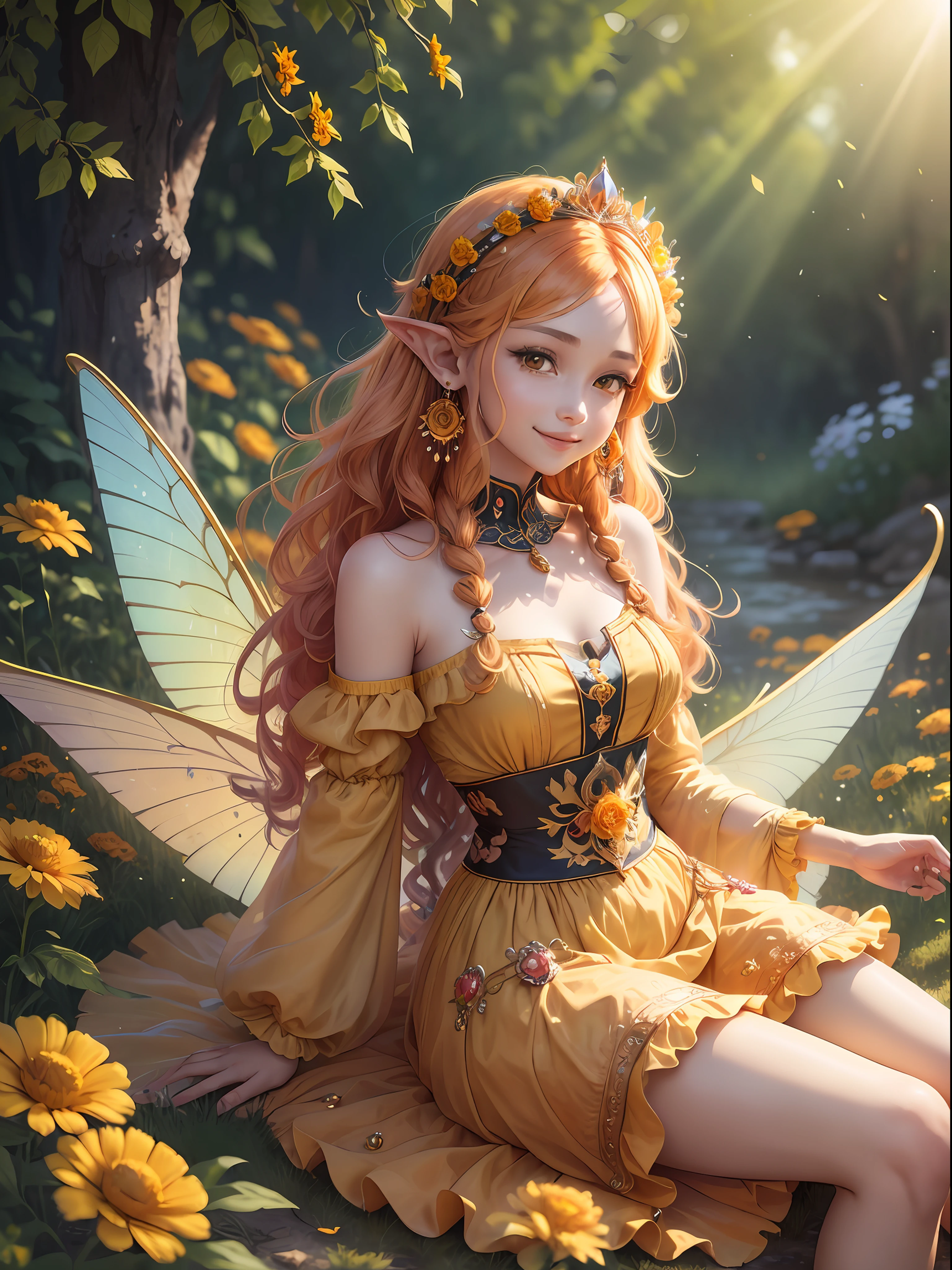 Photo of a gorgeous 20-year-old Finnish fairy wearing (Gerbera Decoration Dress:1.2) And (Delicate fairy wings:1.2), Grinning, (looking in camera:1.1), (Sateen:1.1), on forest path:, Proudly standing next to his portate, by Studio Ghibli, masutepiece, Barefoot, (Natural lighting:0.8), 8K, ((Realistic)), F/1.1, , the woods、covering the navel、hiding breast、(Curvaceous)femele(flawless skin:1.11)And(teats:1.1)、A smile、full body Esbian、Beautiful standing figure、