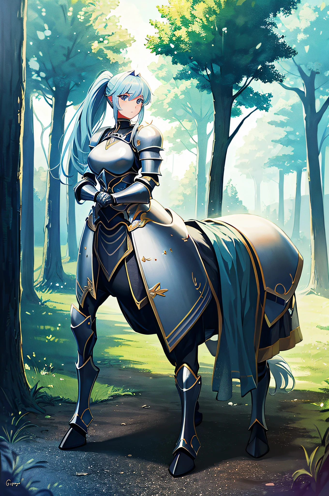 4K,hight resolution,One Woman,a centaur,greyt hair,poneyTail,Light blue eyes,Princess Knight,Heavy Armor,large view,Full body photo,Delicate Beautiful Attractive Face,stunningly beautiful girl
