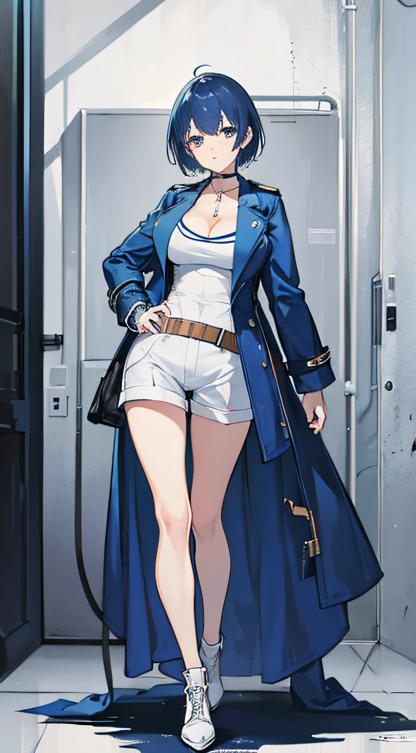 A woman with long hair, choppy bangs, arched crescent eyebrows, sharp and determined eyes, a delicate oval face, a serious expression, NSFW, a fantasy-style dark green military coat, leather combat boots, silver greaves, gray background, this character embodies a finely crafted fantasy-style female military officer in anime style, exquisite and mature manga art style, pale skin, high definition, best quality, highres, ultra-detailed, ultra-fine painting, extremely delicate, professional, perfect body proportions, golden ratio, anatomically correct, symmetrical face, extremely detailed eyes and face, high quality eyes, creativity, RAW photo, UHD, 32k, Natural light, cinematic lighting, masterpiece-anatomy-perfect, (masterpiece:1)