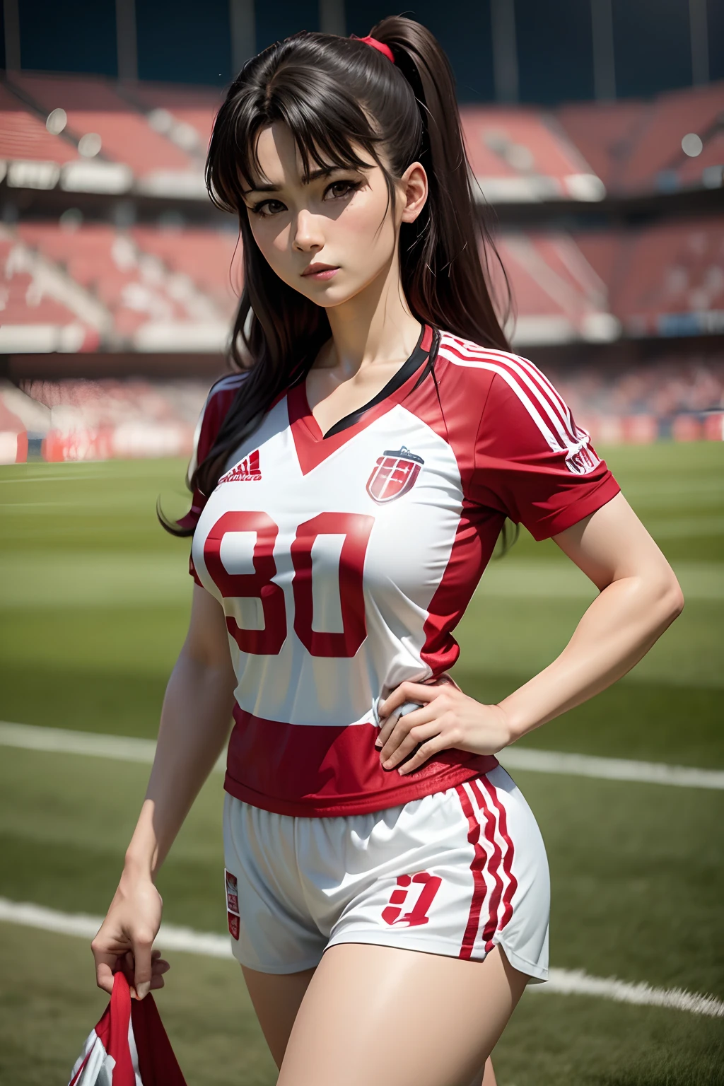(((Only 1 woman))), ((low angle shot)), masterpiece, 8k, high quality, ultra detailed, anime style, CG Unity, beautiful anime woman, ((25 years old, Soccer player)), (((brown skin: 1.3))), wearing sexy (((red soccer outfit, white shorts))), (((cleavage: 1.3))), (((brown hair))), amber eyes, ((perfect body)), (((breasts:1.2, waist:1.1, hips:1.1, toned legs:1.5))), looking directly to camera, sexy gaze, sexy smile, ((lucious lips)), (((sexy pose))), it is a (((natural light scene))) in a soccer field