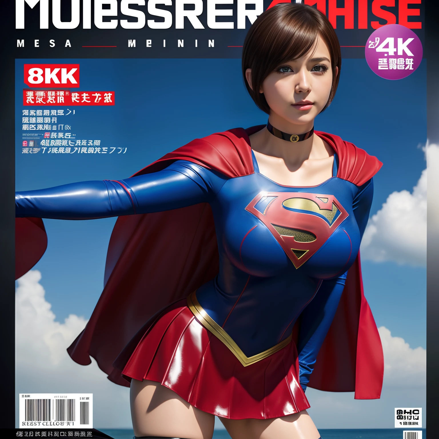 (Best Quality,4K,8K,hight resolution,masutepiece:1.2),Ultra-detailed,Realistic:1.37,Super masterpiece,Short-haired Supergirl、large full breasts、Looking at the camera、Glossy costume、a choker、Katyusha、Too short miniskirt、Magazine covers、Business Magazines