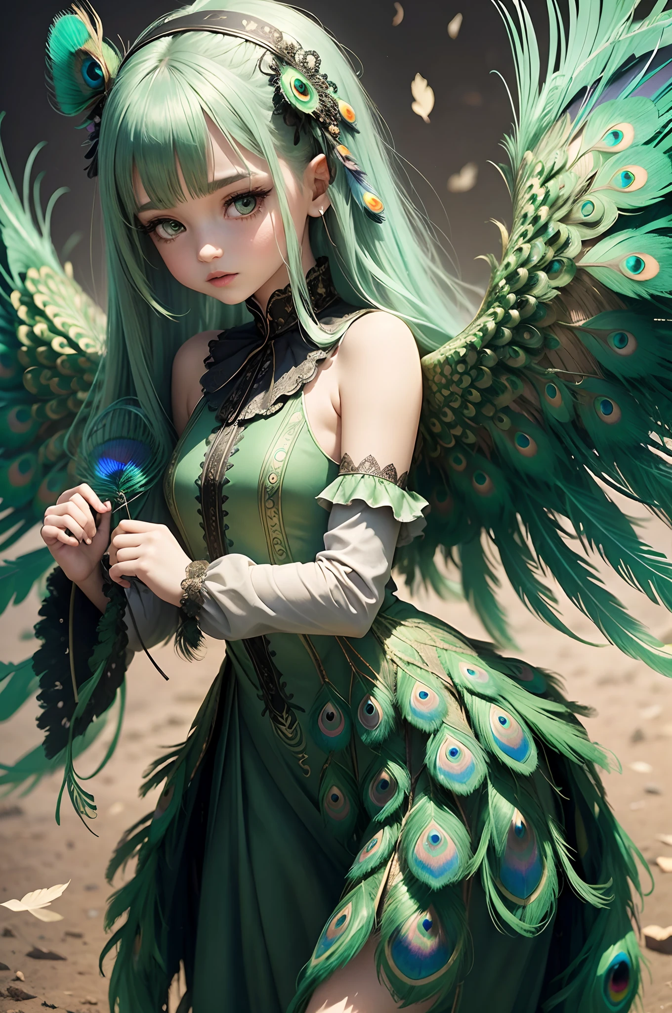 Girl 18 years old, tanned white, dark eyes and light green pupil, having lush wings with crystals, in the background a dark forest, a light blue golden around her --auto --s2