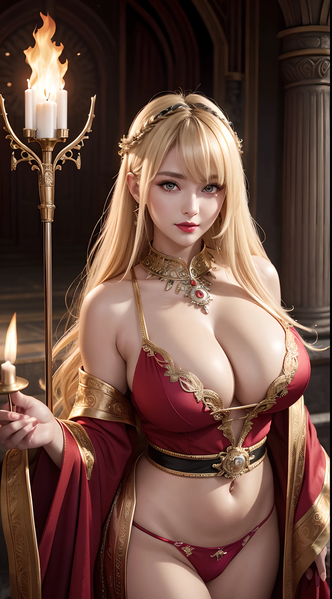 (hyper realstic)、Ancient priestess、Ancient female shamans、
immensity　Beautie　high-level image quality　hight resolution　Realistic　Shorthair　a blond、　blond woman in a、A MILF、Middle-aged woman、((Big big))、Detailed red-black    ,,,,,,、detailed skin textures、超A high resolution、Realistic、Voluptuous body shape、A smile、Middle-aged beauty、Beautiful expression、With detailed red-black areola 、Detailed purple eyes、blond、long fluffy hair、Kamimei、Very delicate and detailed skin texture、３５Female Shaman、(Blonde pubic hair)、{(Ancient ornate and luxurious temples)、(A lot of torches are burning)}、Ancient priestess、Large cleavage、Large open neckline、big butts、bright red lips、(Colorful and glamorous clothes and luxurious accessories)、I have an ornate platinum wand、