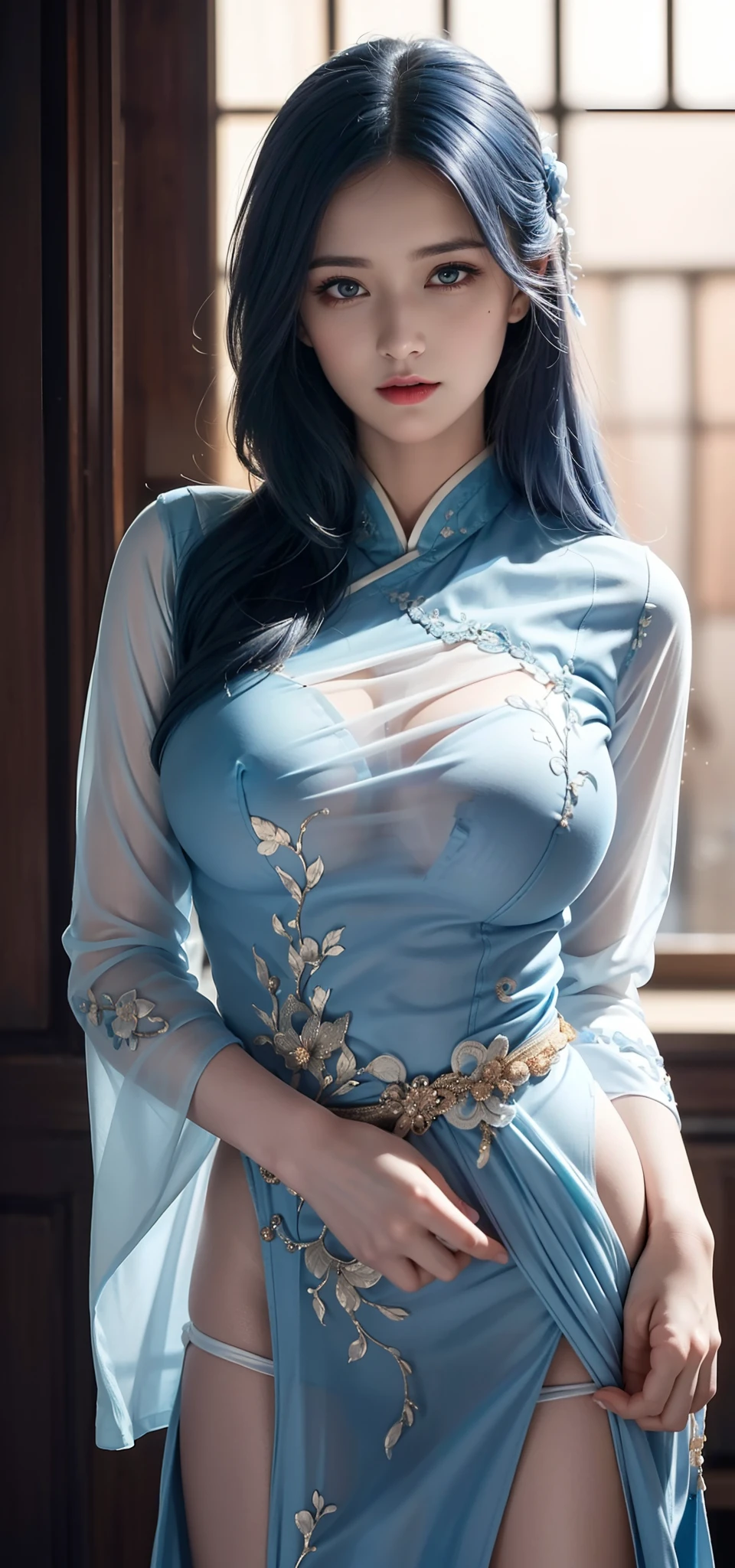 (Hyperrealistic), (illustration), (high resolution), (8K), (Extremely detailed), (Best Illustration), (Beautiful detailed eyes), (Best quality), (Ultra-detailed), (Masterpiece), (the wallpaper), (Photorealistic), (Natural light), (rim lit), (Detailed face), (Highly detailed realistic skin textures), (Anatomically correct), (Solo), (1 girl), (high detailed realistic hair), (Blue hair:1.2), spiked hair, (Heterochromic eyes), (detailed green eyes), (Small moles under the eyes), (Realistic big breasts:1.5), (Exposed breasts:1.3), (Long legs), (Slender abs), (Dynamic pose), (Closed mouth:1.3), (traditional Hanfu attire), (Sheer clothes:1.5), NSFW,nakeness，Bare lower body，Bare breasts，Camel toes，比基尼