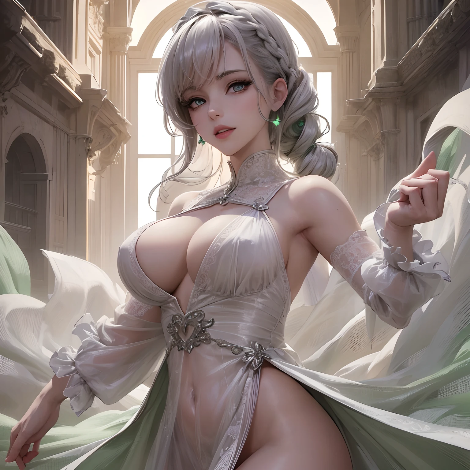 finest image, female, sexy, beautiful, cute, amorous expression, lewd expression, ecstasy, orgasm, light silver glossy braided bangs iridescent short hair, emerald green sparkling big eyes, double eyelids, white anime style fluffy long eyelashes, red alluring moist big thick lips, medium breasts, abs, ass, perfect proportion, long thin legs, lace see-through robe, background top of the hill, professional lighting
