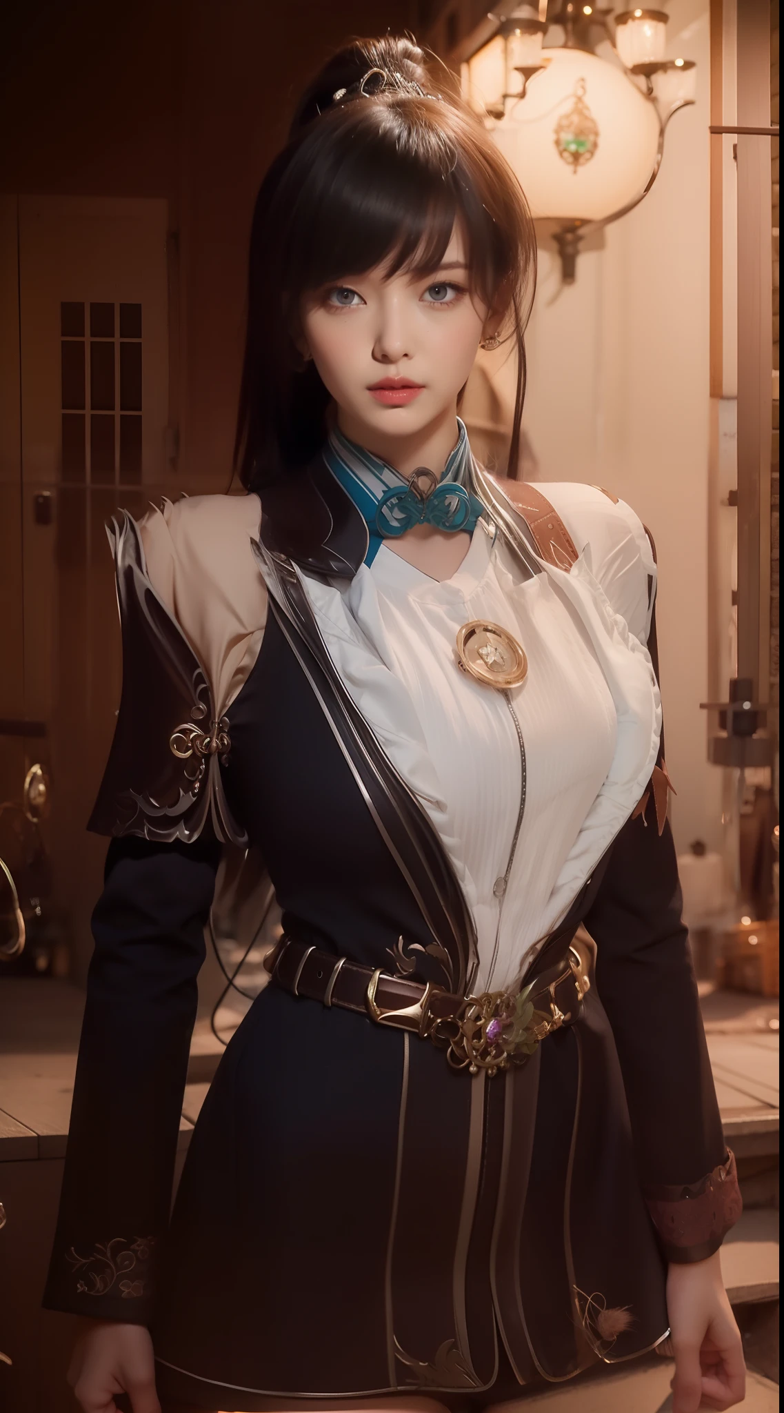1girl, long hair, dress,hair ornament, looking at viewer, mature female, cityscape, night, thighhighs, clothing cutout, bangs, high collar,white skirt,ponytail, cowboy shot, long sleeves, belt,blue eyes,makeup, blush,best qualtiy,8K,tmasterpiece:1.3(Flower Cap:1.3),focal:1.2,Perfect beauty:1.4,glute:1.2,(Layered Hair Style:1.2)),(Dark streets:1.3),独奏,Highly Detailed Face and Skin Textur,full bodyesbian,Elaborate Eyes,二重まぶた,Whitens the skin,long whitr hair,(with a round face:1.5),(Loose Crop Top,shorter pants:1.6