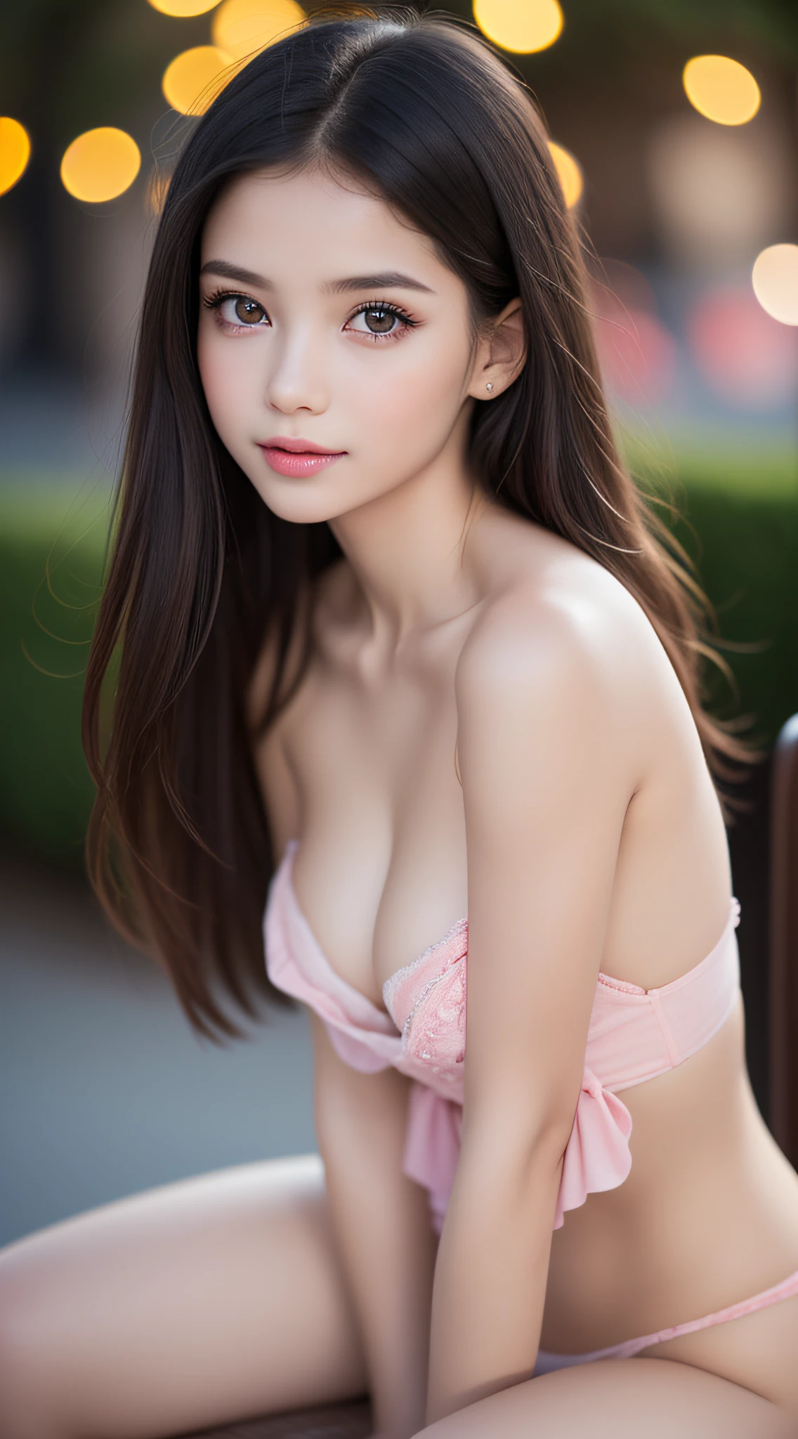 (1ung girl), extremely cute, ((extremely detailed beautiful face)), Amazing face and eyes, shining eyes, Pink eyes, (Glossy lips)), fair and transparent skin, bare shoulders, (Best Quality:1.4), (Ultra-detailed), Professional Photography, Realistic portrait, sitting, (Spread legs wide open), (no panties:1.3), (((Bokeh))), depth of fields,