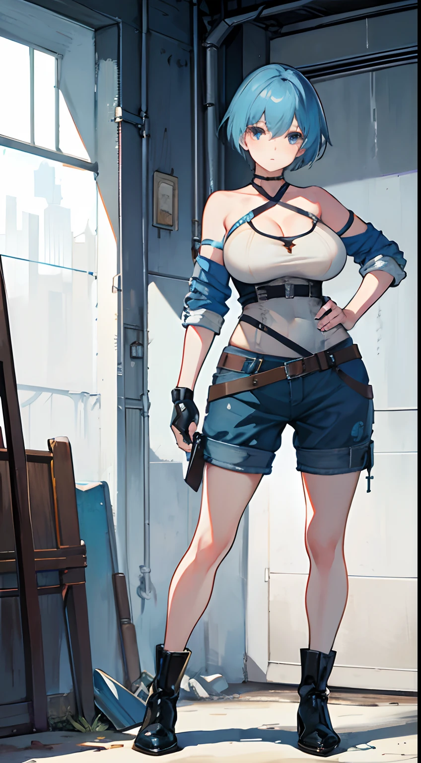 Doomsday wasteland,grown woman,Dressed shabby,blue short hair,blue color eyes,big breasts exposed cleavage,A bandage wrapped around the chest,Ultra shorts,stand posture,Full body standing painting
