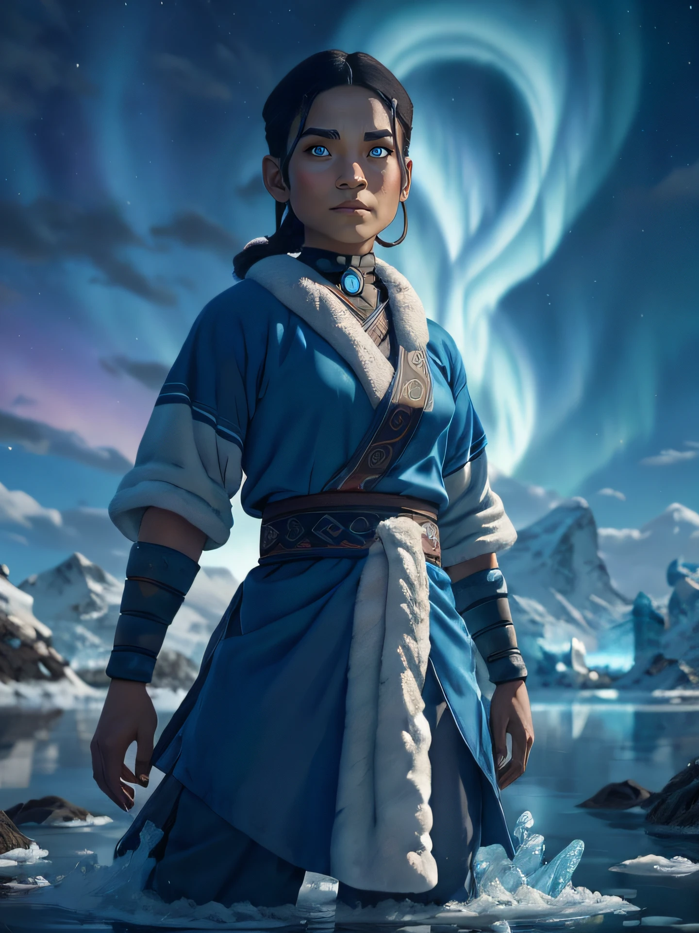 Katara (Avatar the Last Airbender), best quality, realistic, vivid colors, beautiful detailed eyes, flowing water, icy blue color tone, winter landscape, traditional attire, fluffy coat, strong and confident posture, slef defense position, water bending, tribal markings, arctic wind, northern lights, (best quality,4k,highres,masterpiece:1.2),ultra-detailed,(realistic:1.37)