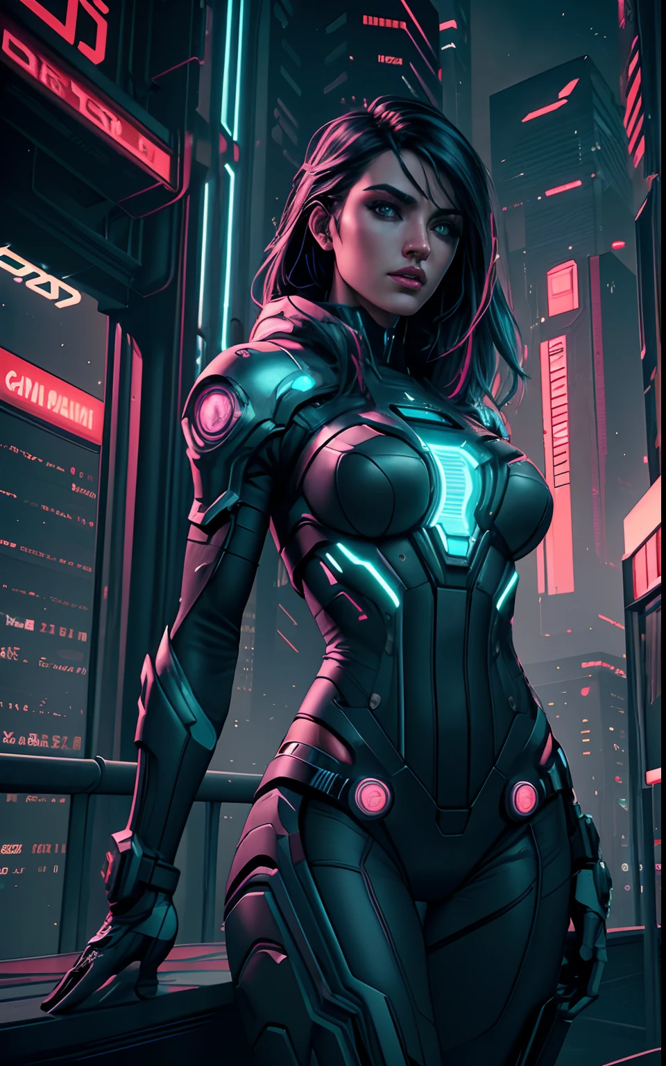 melhor qualidade, fotografia, cinematic lighting, intricado, cinematic detailed realista background, rosto detalhado, corpo todo, realista, 1 garota negra correndo, paisagem futurista, scifi, olhando para o espectador, Pose de modelo, traje futurista ciborg, neon lighting. Full hd