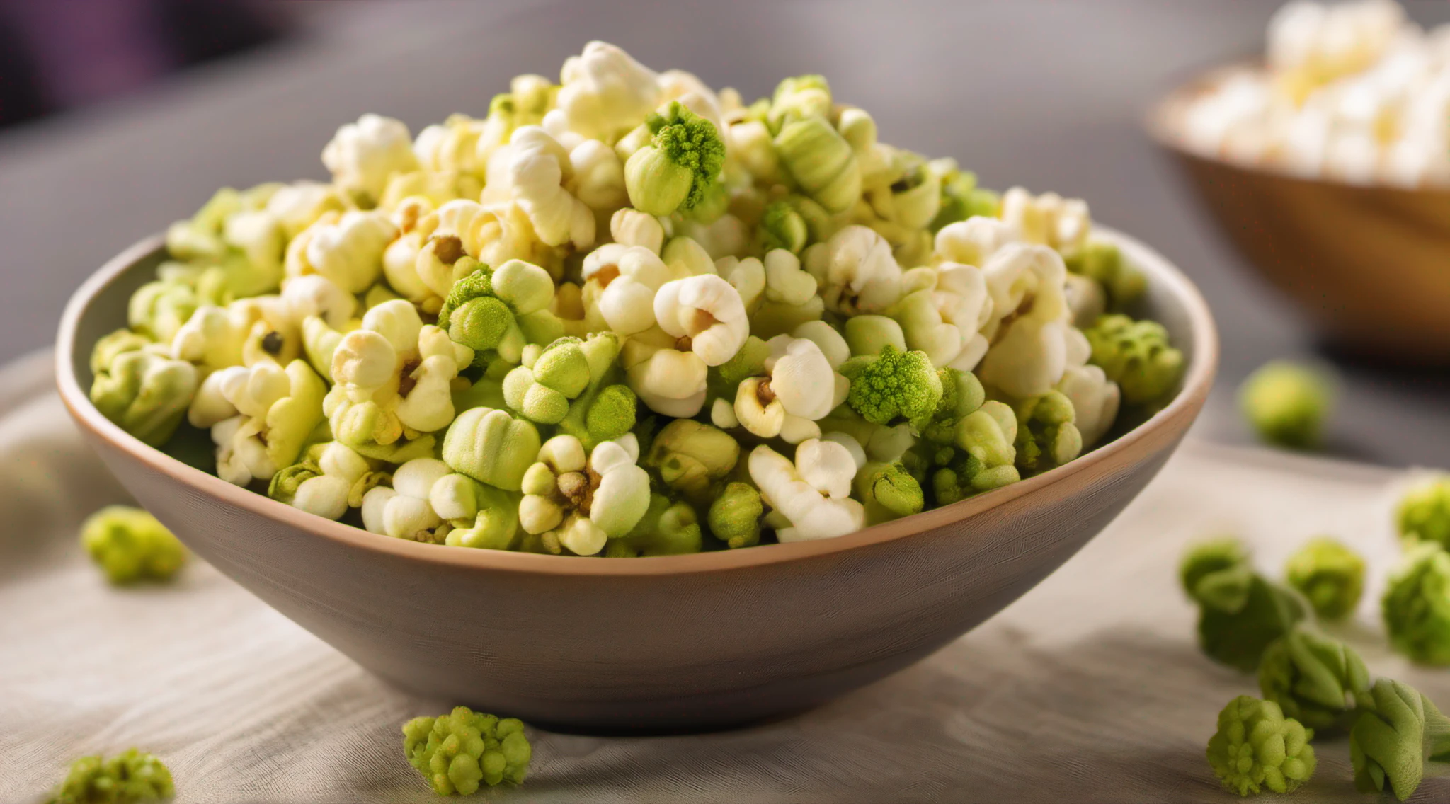 Fill a large fluffy bowl, Breathable popcorn,Light green tinge with matcha powder. Popcorn kernels are bulged into a round shape, Cloud-like shape,Crisp outside and soft texture, Gentle interior. They give off aromas of roasted corn and earth, Plant Matcha. The matcha coating on the popcorn is smooth and even, Add a pleasant bitter taste,Balance the sweetness of popcorn. Scattered everywhere are some popcorn grains,They have burst into flower-like shapes, Exposes a white starchy interior. Popcorn looks crispy,But soft and pillowy. It was a beautiful bowl of high quality, Appetizing matcha-flavored popcorn,Can be a delicious snack.
