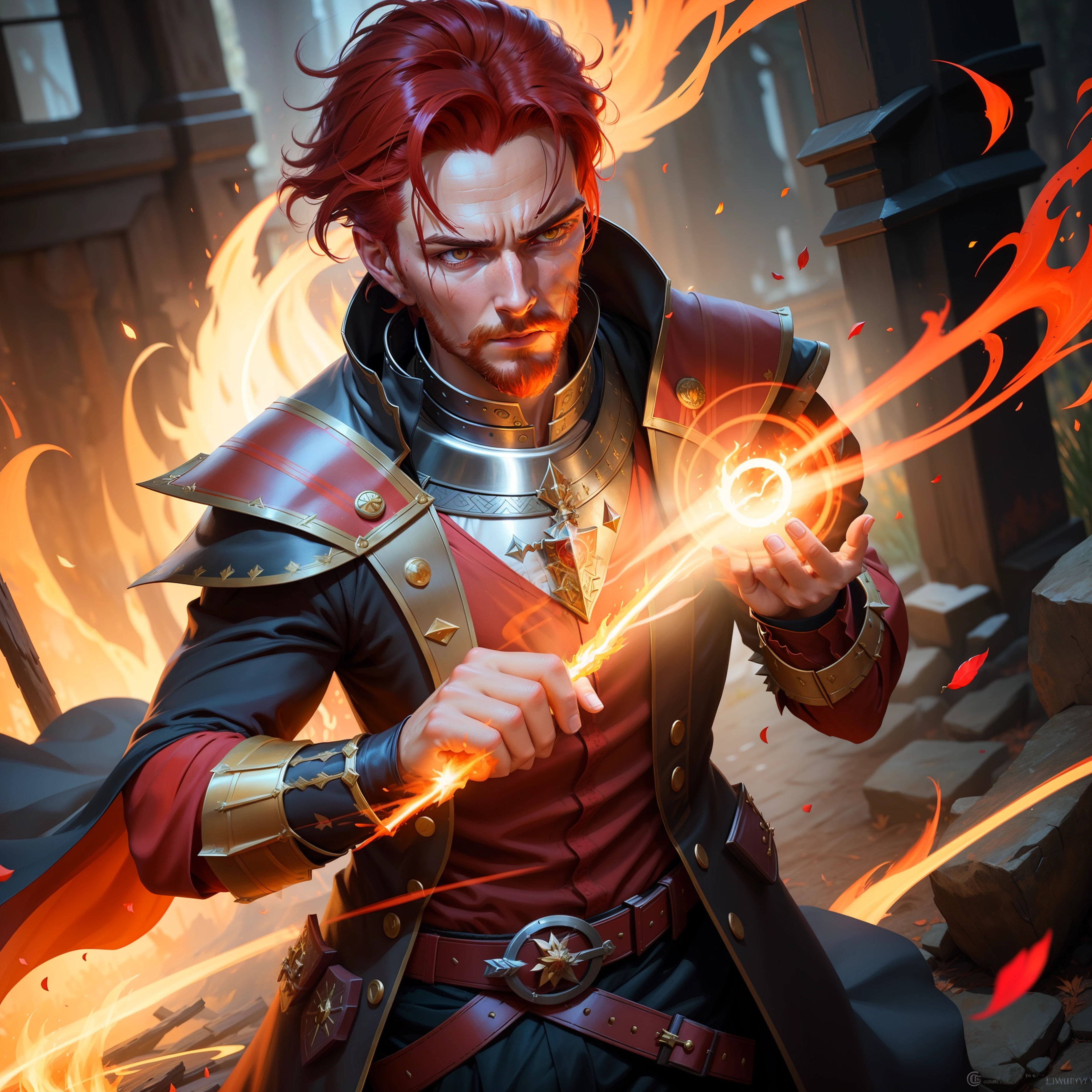 modelshoot style, (extremely detailed CG unity 8k wallpaper), full body photo, english medieval, fire genasi sorcerer, black silk robe, nature fire magic, medieval era, painting by Ed Blinkey, Atey Ghailan, Studio Ghibli, by Jeremy Mann, Greg Manchess, Antonio Moro, trending on ArtStation, trending on CGSociety, Intricate, High Detail, Sharp focus, dramatic, painting art by midjourney and greg rutkowski, bright red and gold, petals, countryside, action pose, casting a spell, red swirling magic, hands on fire, deep red skin, red hair, 1 male fire genasi, tough guy, handsome