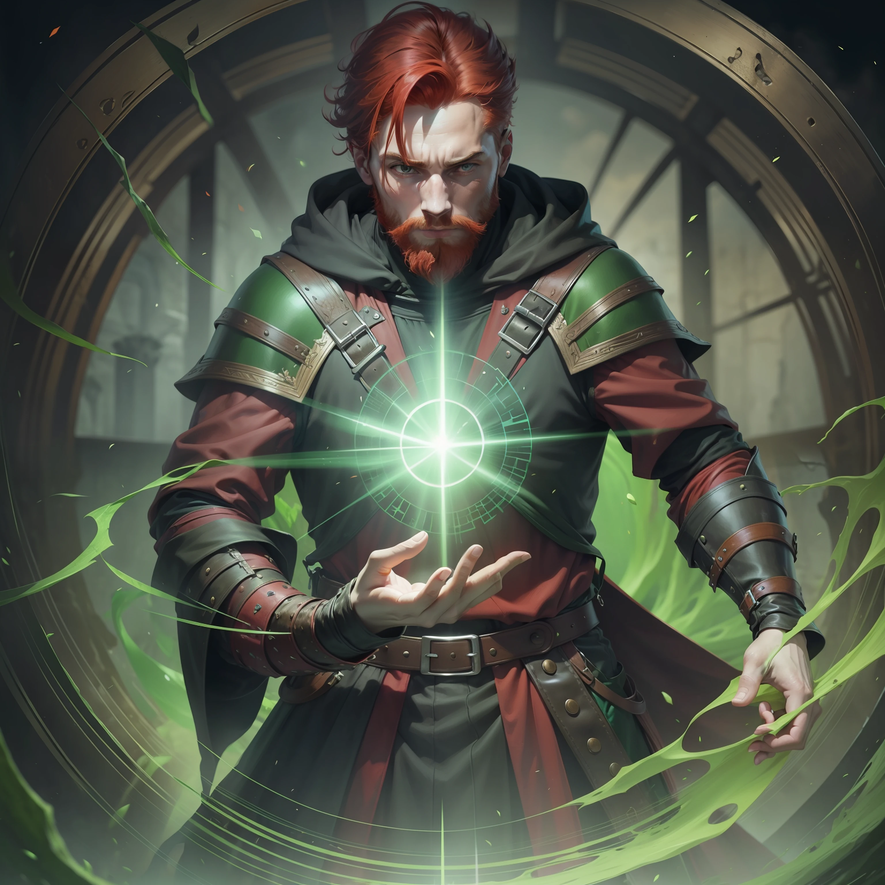 Red-haired man, with medieval black clothes, falling into mystical portal with green color, green magic