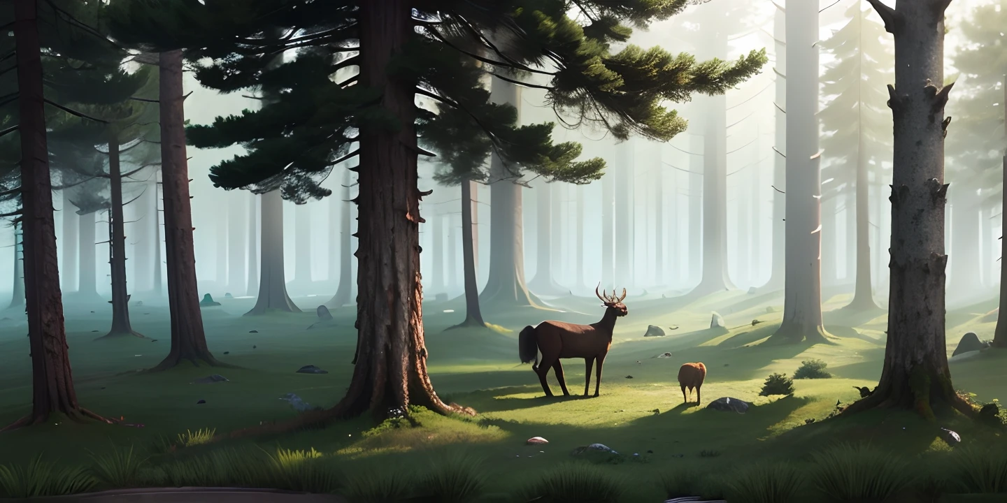 There is no one in the dense ancient forest,There are only a few herbivores in the distance