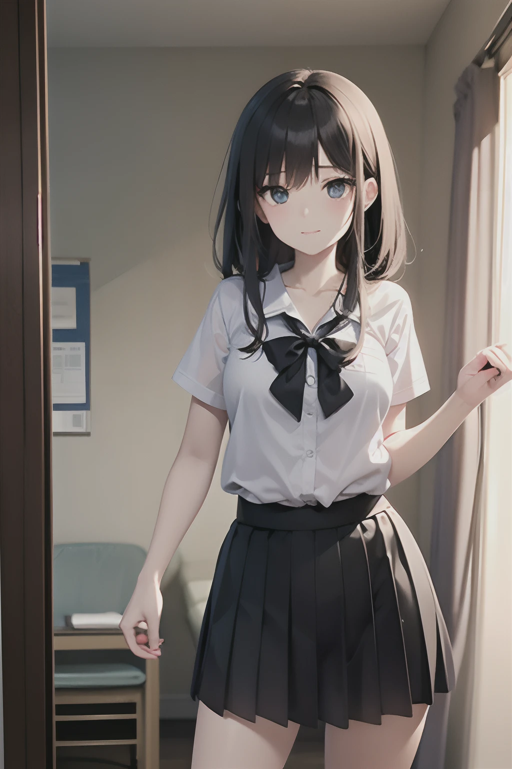 a junior high school student, female, beautiful and cute, solo character, (black single sidelock hair), bright eyes, gradient eyes, school unifrom, breeze blow,(anime style), (cinematic lighting), (ray tracing), ((reflection light)), ((half-body-shot)), atmospheric perspective, masterpiece, accurate, ((best quality)), high quality, super detail, high details, anatomically correct, highRes, 1080p,