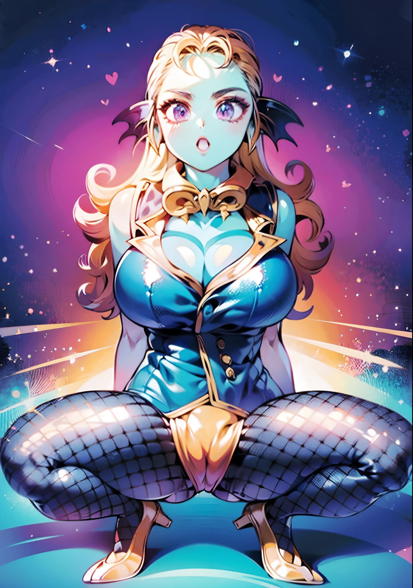 8K,High quality,Anime,married,Beautiful woman,Bright,Eye Highlights,Purple eyes,Sexy,ultra gigantic tits,oversized tits,Dark blue ,Erotic,beautiful line art. Blue skin, Blue and orange gradient fins, Dark Eye Makeup, The background is the seaside、Fishnet stockings for legs、Shoes with red high heels、Spreading legs、Emphasis on the crotch、