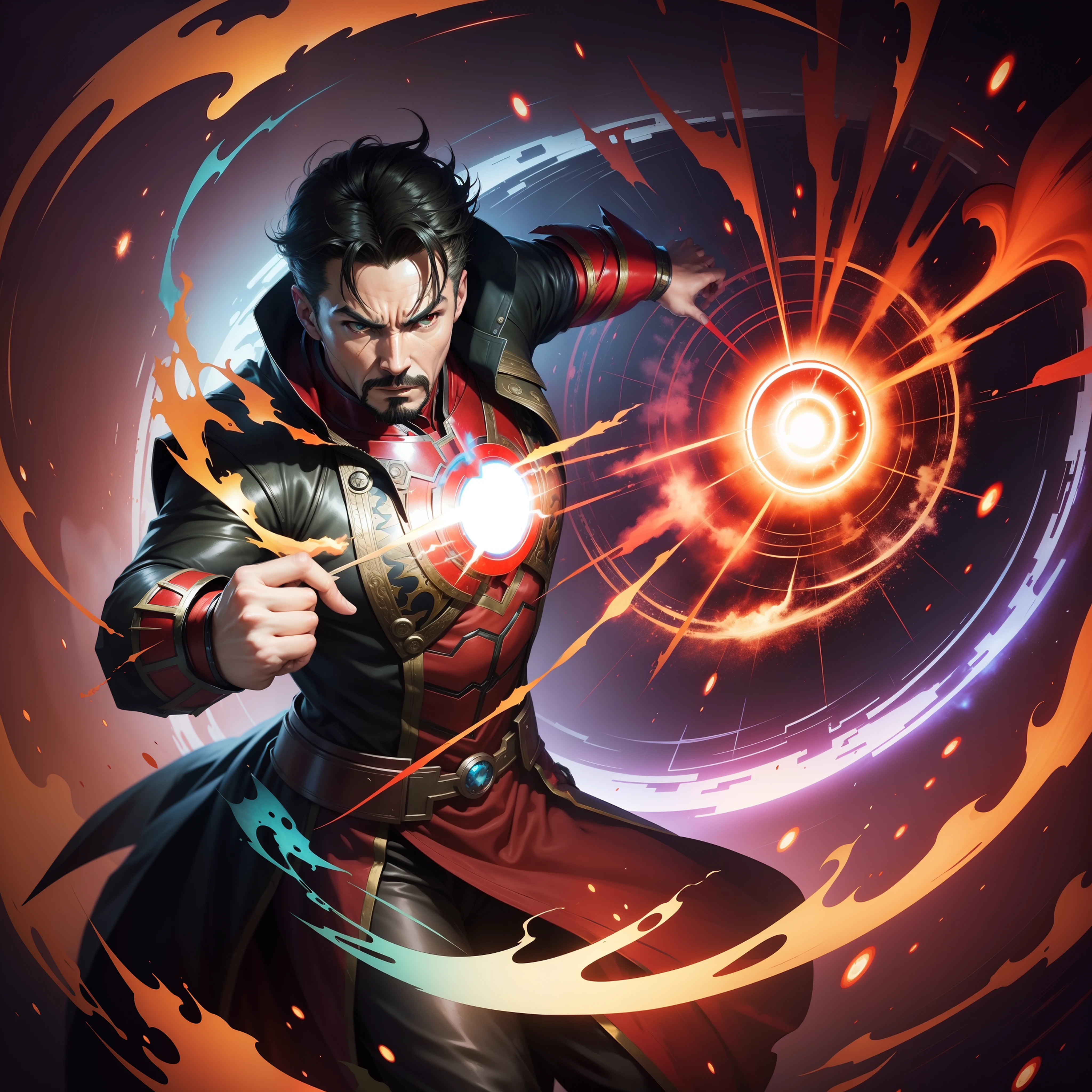 a cool fighting of Dr. Strange and ironman, red flaming eye, surrounded by a swirling vortex of magical energy , flat illustration , ink paint, splash, a smock dragon in background, wallpaper