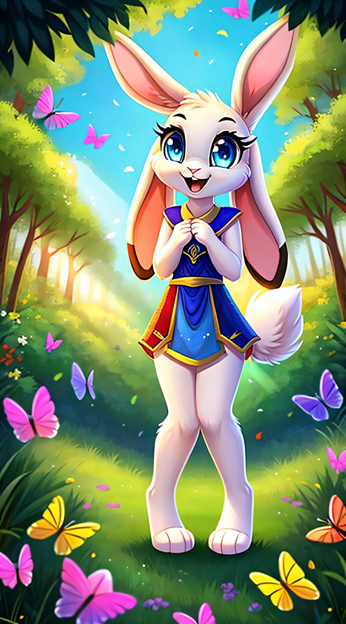 zoomed out image, fantasy style art, cute, adorable, little fluffy female white bunny with blue eyes, 2 extra ears, 4 ears, big floppy ears, long ears, ears perked up, raised ears, long eyelashes, poofy rabbit tail, smiling, standing on two hind feet, standing in a forest, big expressive smile, open mouth, wide eyes, excited eyes, excited face, stunning visuals, sunlight coming through the trees, colorful flowers scattered in the bushes, colorful butterflies flying around, digital illustration