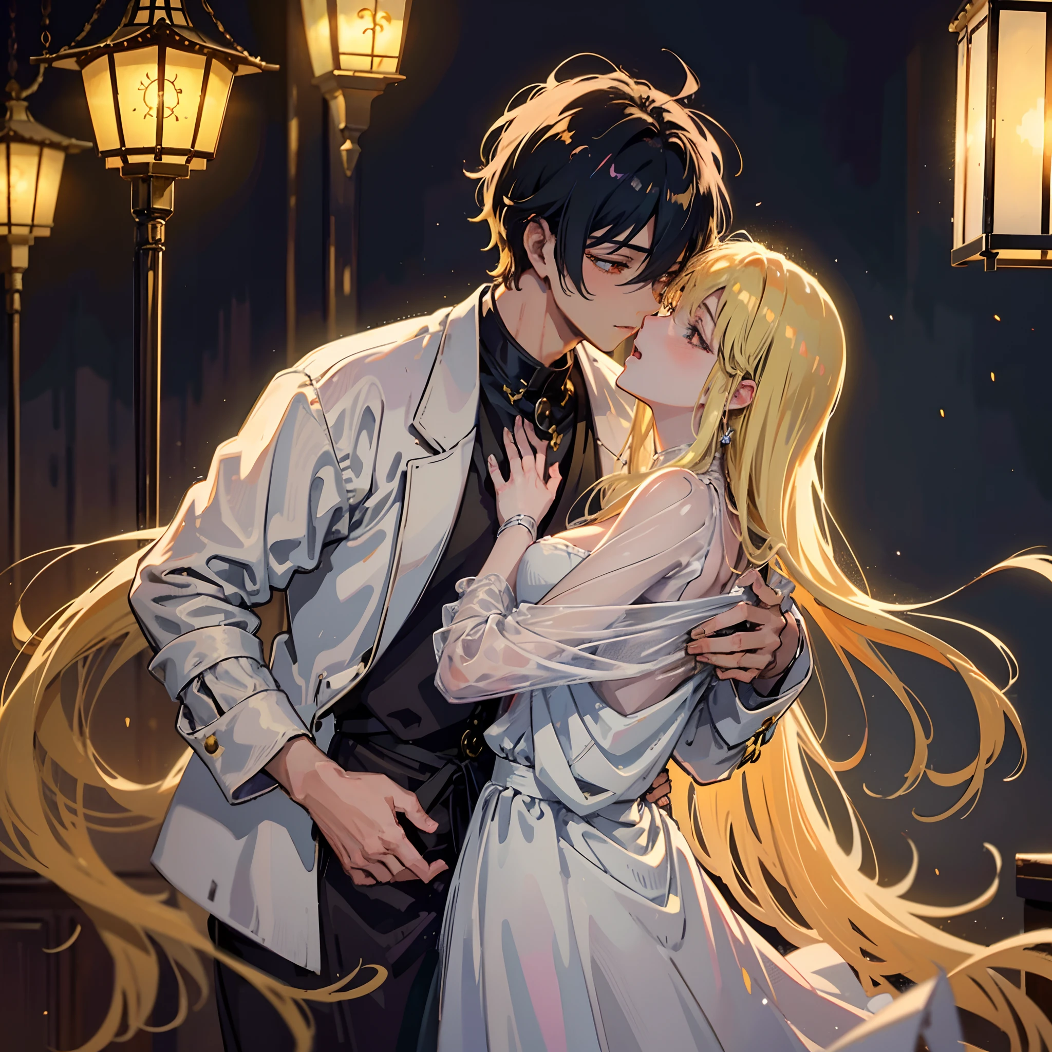 1 beautiful, attractive anime male in a eerie antique setting kissing each other, eroge, ahegao, yaoi, boys love, 1980' anime style, sharp light, golden hour light, the art of Nobuteru Yuki