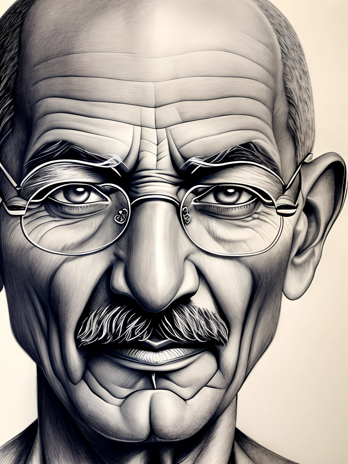 A pencil drawing of a realistic portrait of mahatma gandhi, fair skinned with blue eyes, long bald nose wearing glasses Elderly with deep wrinkles and serene expression. Explore the play of light and shadow to highlight facial details. Use smooth, precise strokes to create textures and capture the essence of life experience.