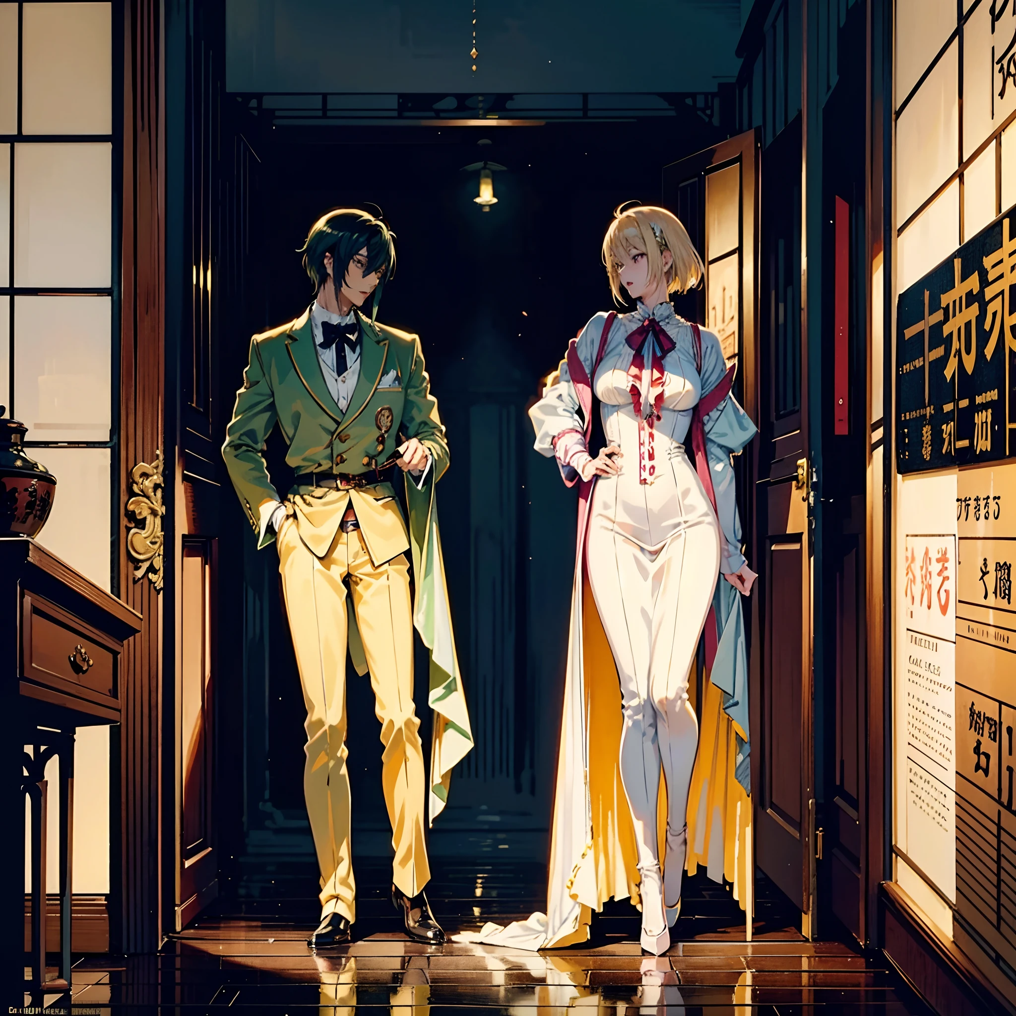 2 attractive ANIME Males in a eerie antique setting kissing each other, perfect body proportions, eroge, ahegao, yaoi, boys love, no woman, no female, 1980' anime style, sharp light, golden hour light, the art of Nobuteru Yuki,