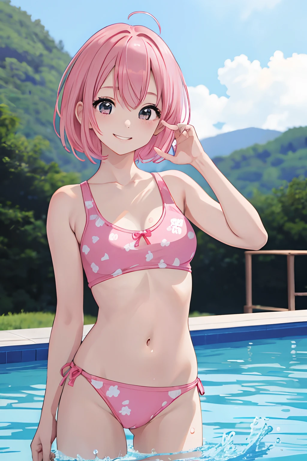 swim wears、hposing Gravure Idol、A pink-haired、(Best Quality, masutepiece, Raw photo,Ultra-detailed:1.2), 1girl in ,Looking at Viewer, Smile