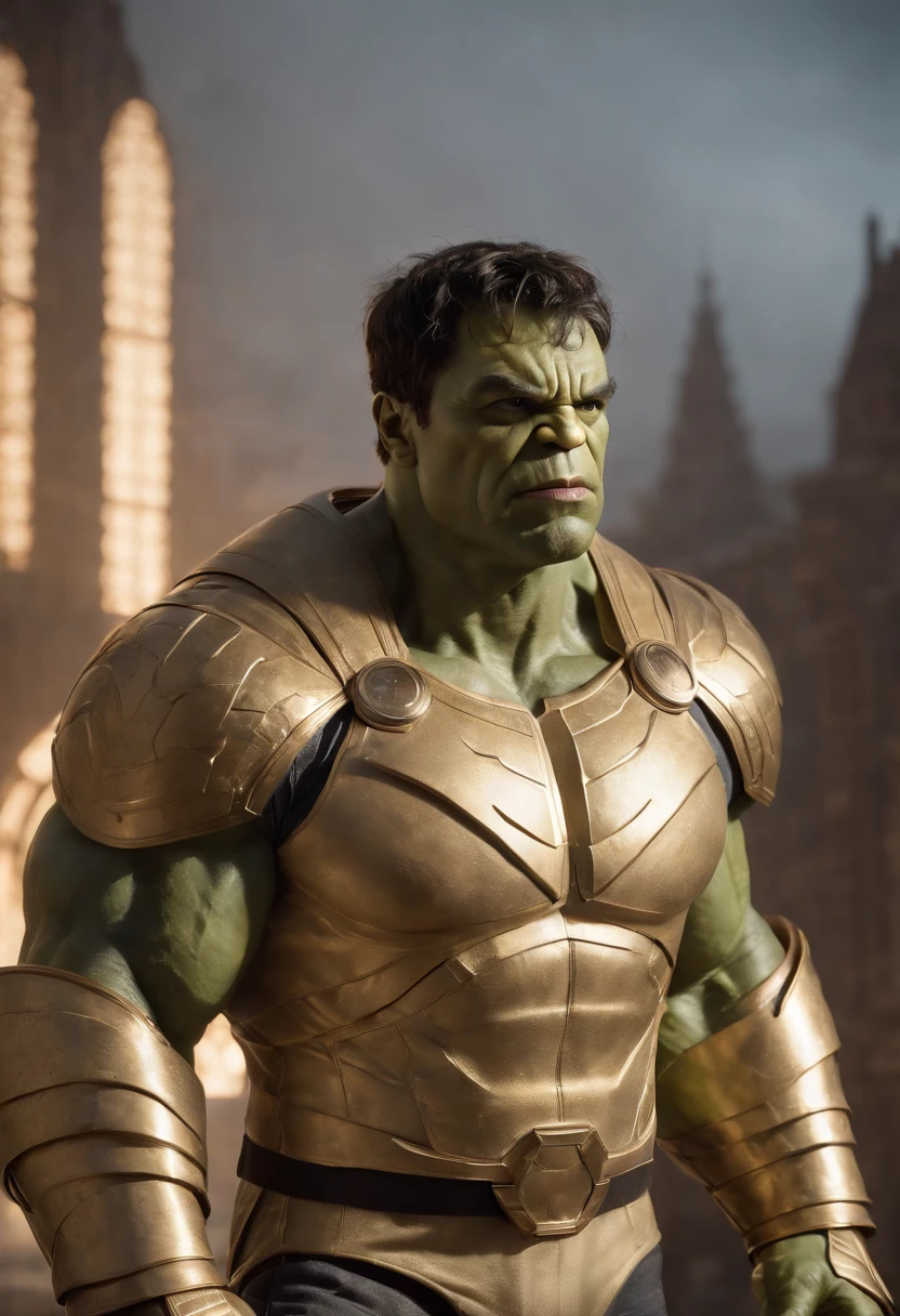 full body shot of hulk in white and gold armour style suit, no mask on, white cape, looking at center camera, perfect composition, beautiful detailed intricate insanely detailed octane render trending on artstation, 8 k artistic photography, photorealistic concept art, soft natural volumetric cinematic perfect light, chiaroscuro, award - winning photograph, masterpiece, oil on canvas, raphael, caravaggio, greg rutkowski, beeple, beksinski, giger, trending on artstation, sharp focus, studio photo, intricate details, highly detailed, night city background, by greg rutkowski