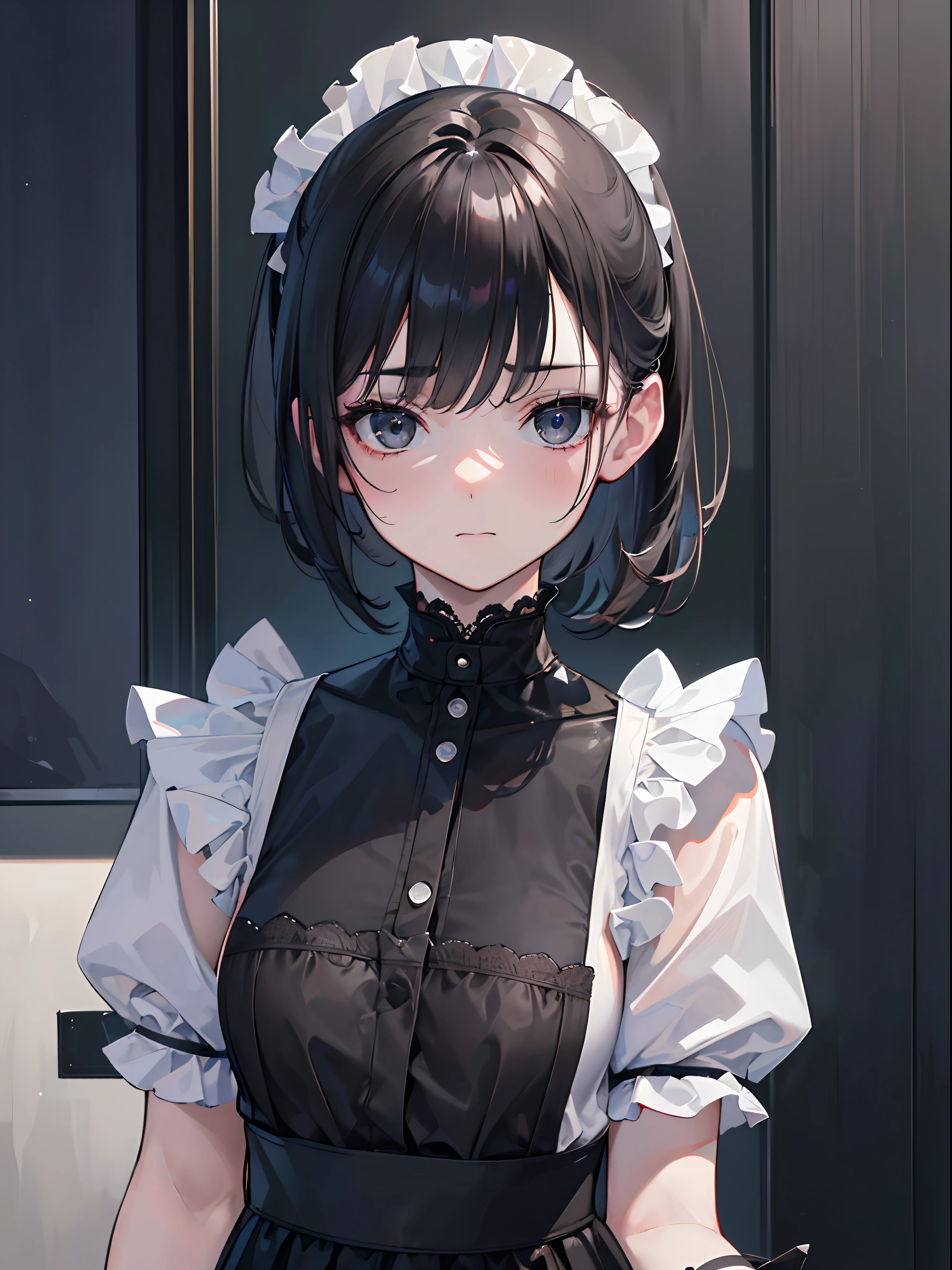 (best quality,4k,8k,highres,masterpiece:1.2),ultra-detailed,(realistic,photorealistic,photo-realistic:1.37),1girl,scared,cute girl,black eyes,black short hair,ponytail,wearing maid clothes,dark hall,night,darkness,terror,horror,absurdres,high res,ultrasharp,looking at viewer