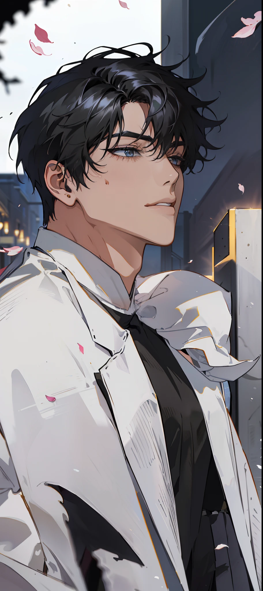 Anime guy with black hair and glasses standing in front of a building ...