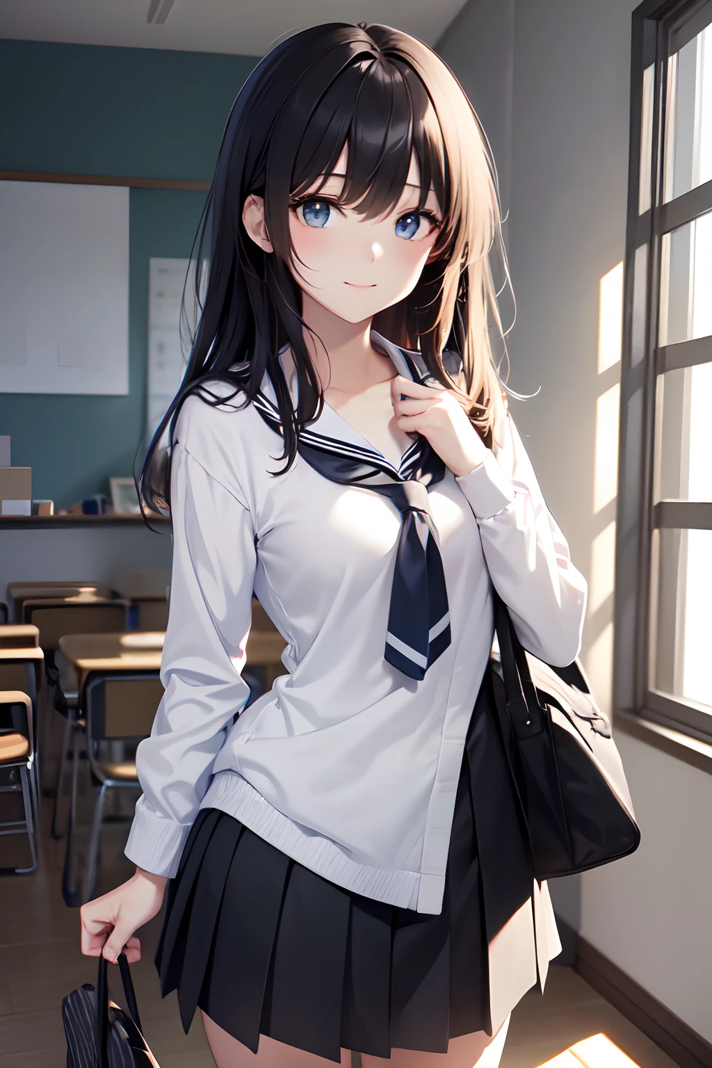 a , female, beautiful and cute, solo character, (black single sidelock hair), bright eyes, gradient eyes, school unifrom, breeze blow,(anime style), (cinematic lighting), (ray tracing), ((reflection light)), ((half-body-shot)), atmospheric perspective, masterpiece, accurate, ((best quality)), high quality, super detail, high details, anatomically correct, highRes, 1080p,