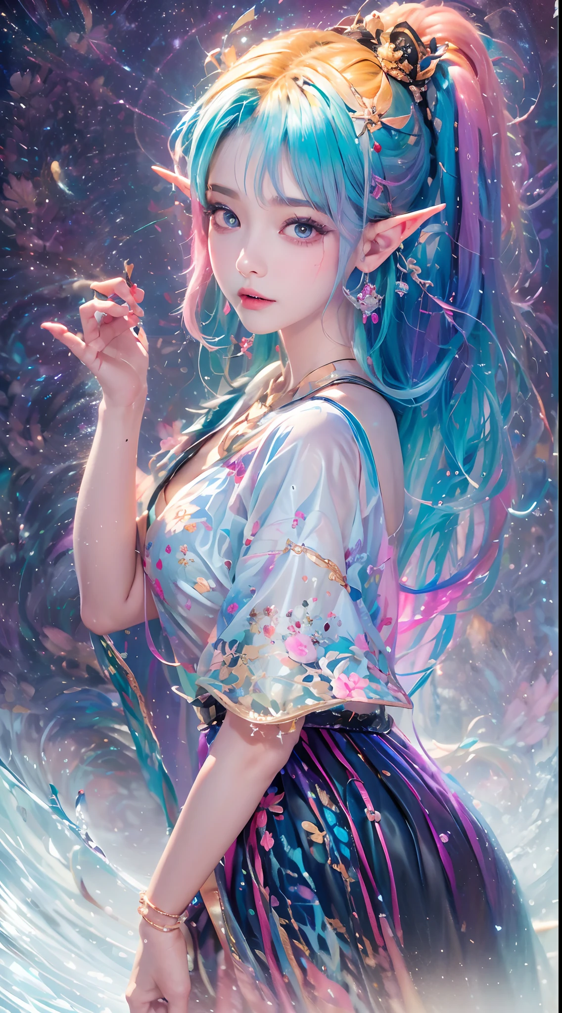 ( Absurd, High quality, Ultra-detailed, Masterpiece, concept-art, smooth, high detail artwork, Hyper-realistic painting , high resolution, paint splatter, colored splashing, Splash of Ink, colored splashing), ((Sweet Chinese girl, Rainbow hair)),elf, Plum elf, plum , Transparent fairy wings, huge tit,low chest,fairytale-like, Romantic, Vivid, Whole body,hand behind back,Malu,largeeyes,(Eye focus),Cosmic eyes,Space eyes,In nature with waterfalls,pureerosface_v1,ulzzang-6500-v1.1,