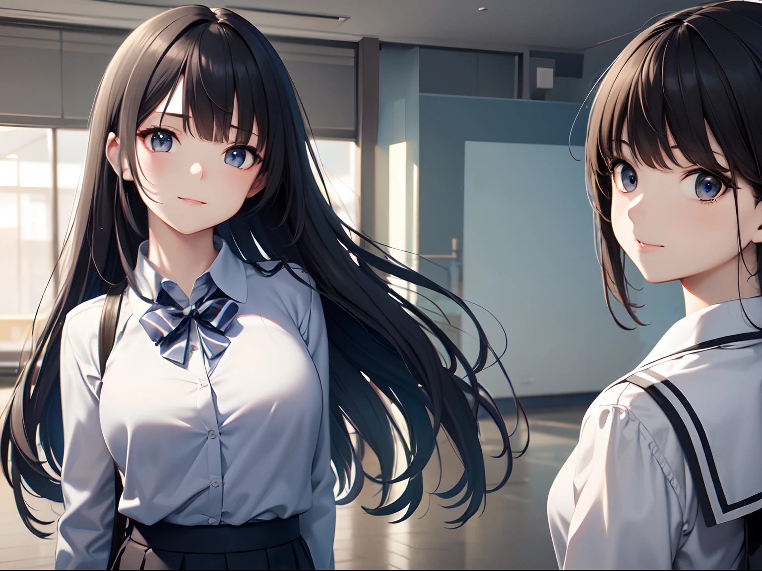 a , female, beautiful and cute, solo character, (black single sidelock hair), bright eyes, gradient eyes, school unifrom, breeze blow,(anime style), (cinematic lighting), (ray tracing), ((reflection light)), ((half-body-shot)), atmospheric perspective, masterpiece, accurate, ((best quality)), high quality, super detail, high details, anatomically correct, highRes, 1080p,